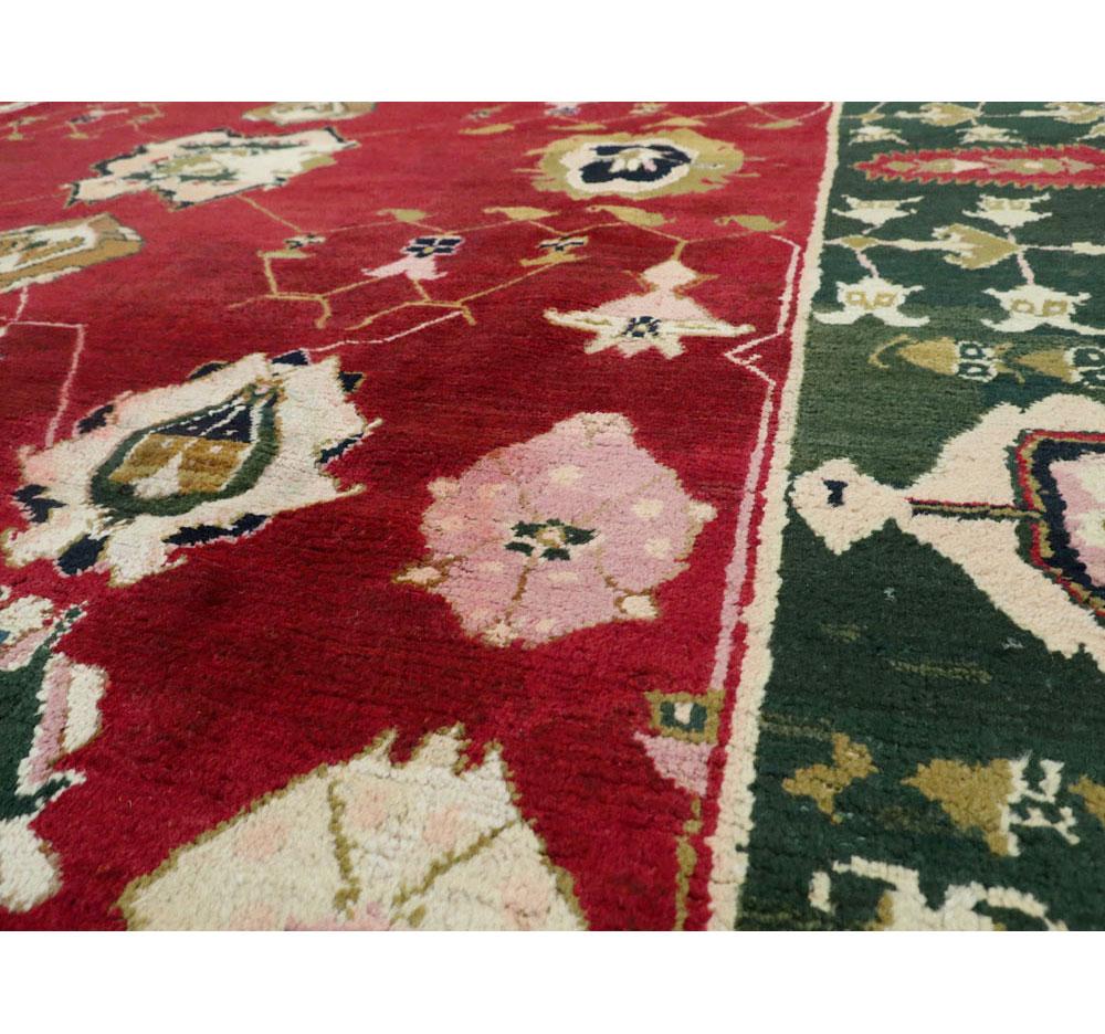 Mid-20th Century Handmade Indian Lahore Room Size Rug In Maroon and Green In Fair Condition For Sale In New York, NY