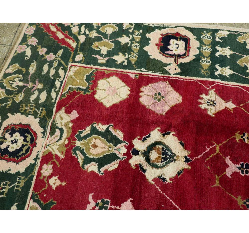 Wool Mid-20th Century Handmade Indian Lahore Room Size Rug In Maroon and Green For Sale