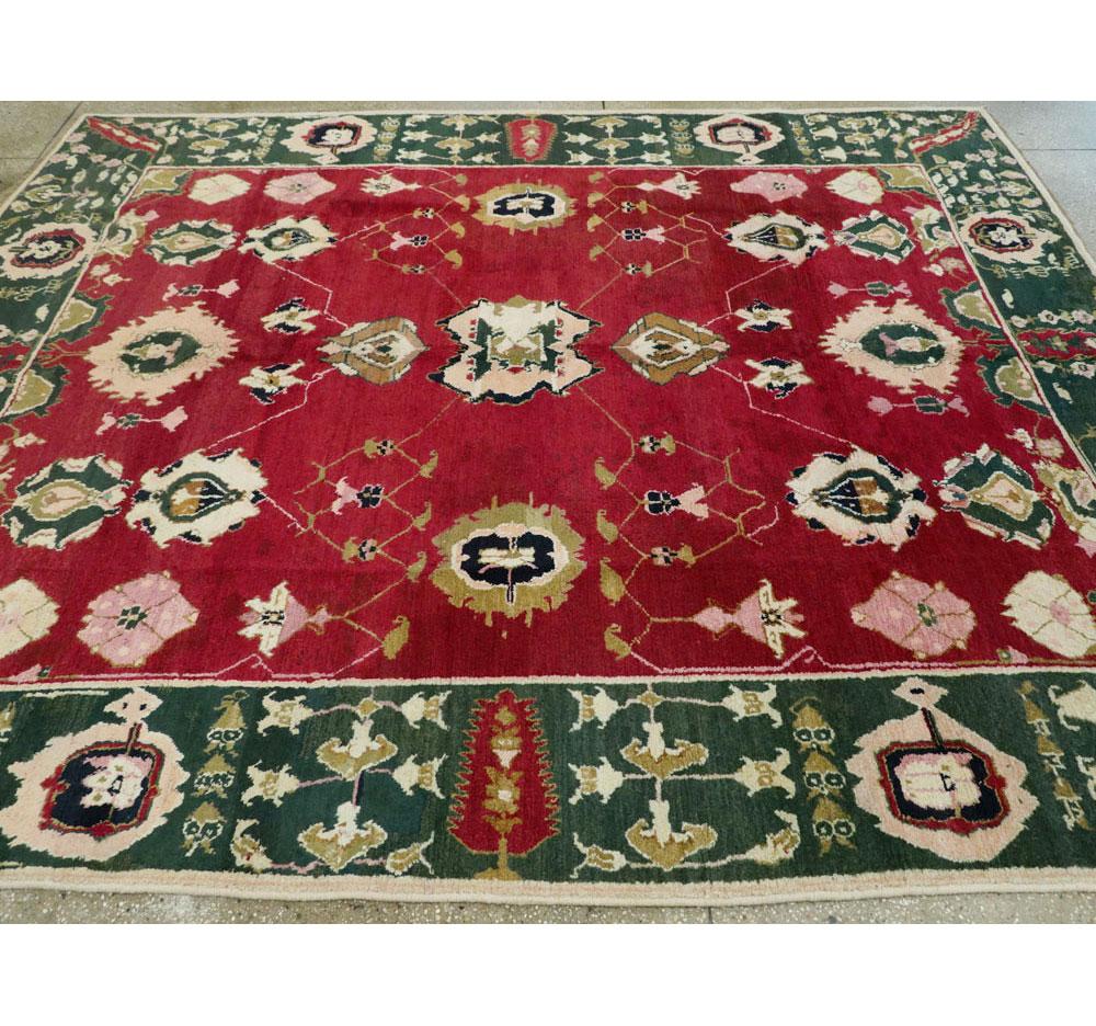Mid-20th Century Handmade Indian Lahore Room Size Rug In Maroon and Green For Sale 1