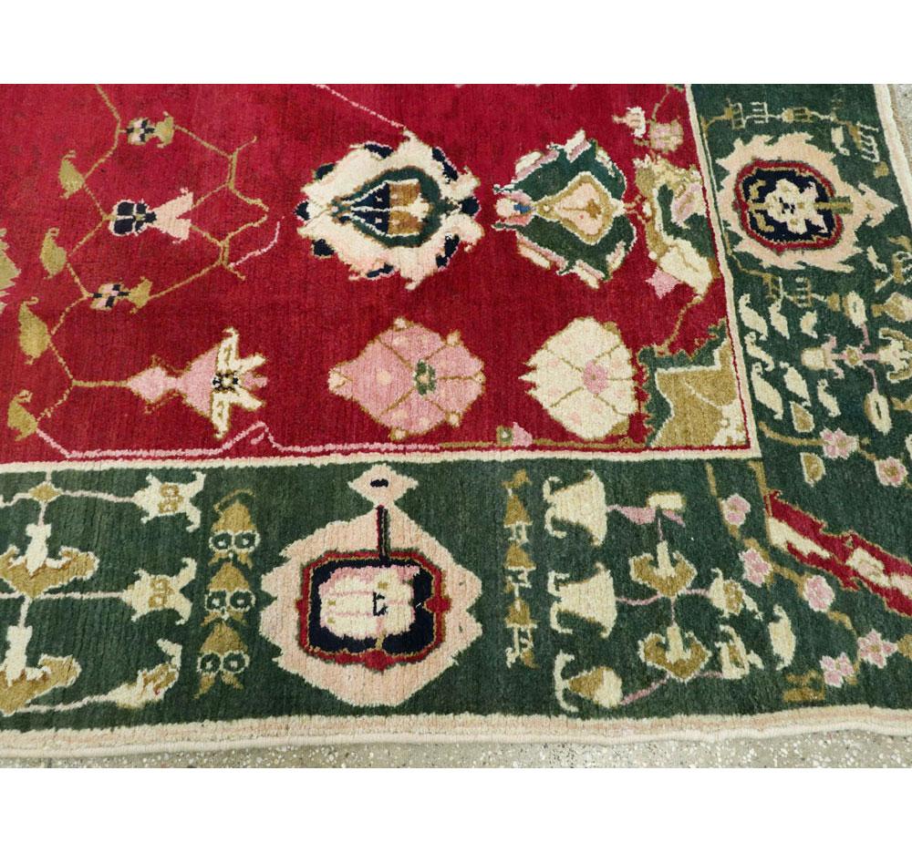 Mid-20th Century Handmade Indian Lahore Room Size Rug In Maroon and Green For Sale 2