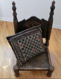 Antique Indian Low Authentic Wicker Wooden Oriental Chair, 19th Century