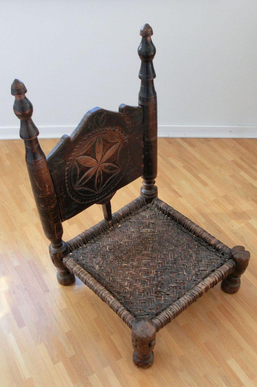 Antique Indian Low Authentic Wicker Wooden Oriental Chair, 19th Century 2