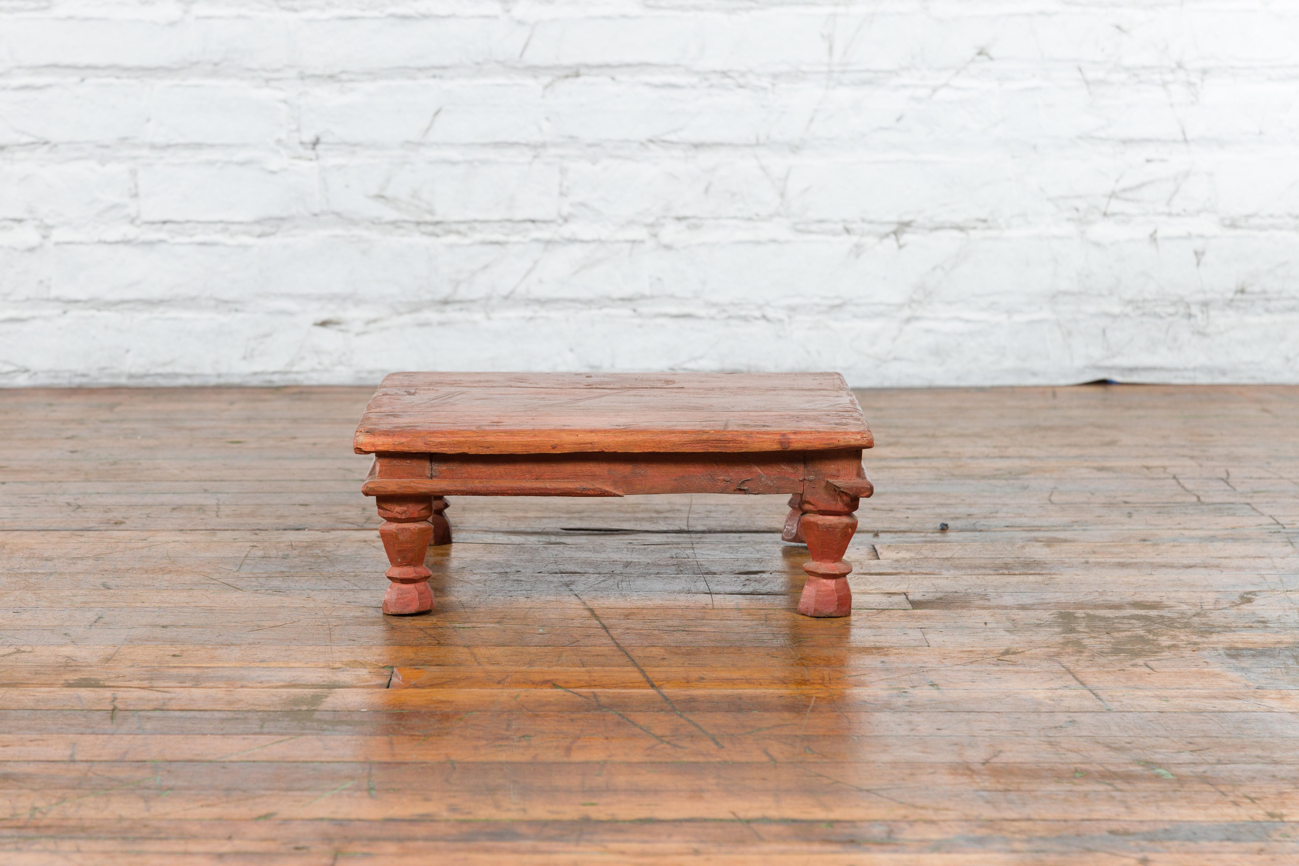 Antique Indian Low Wooden Prayer Table Stand with Carved Angular Legs For Sale 4