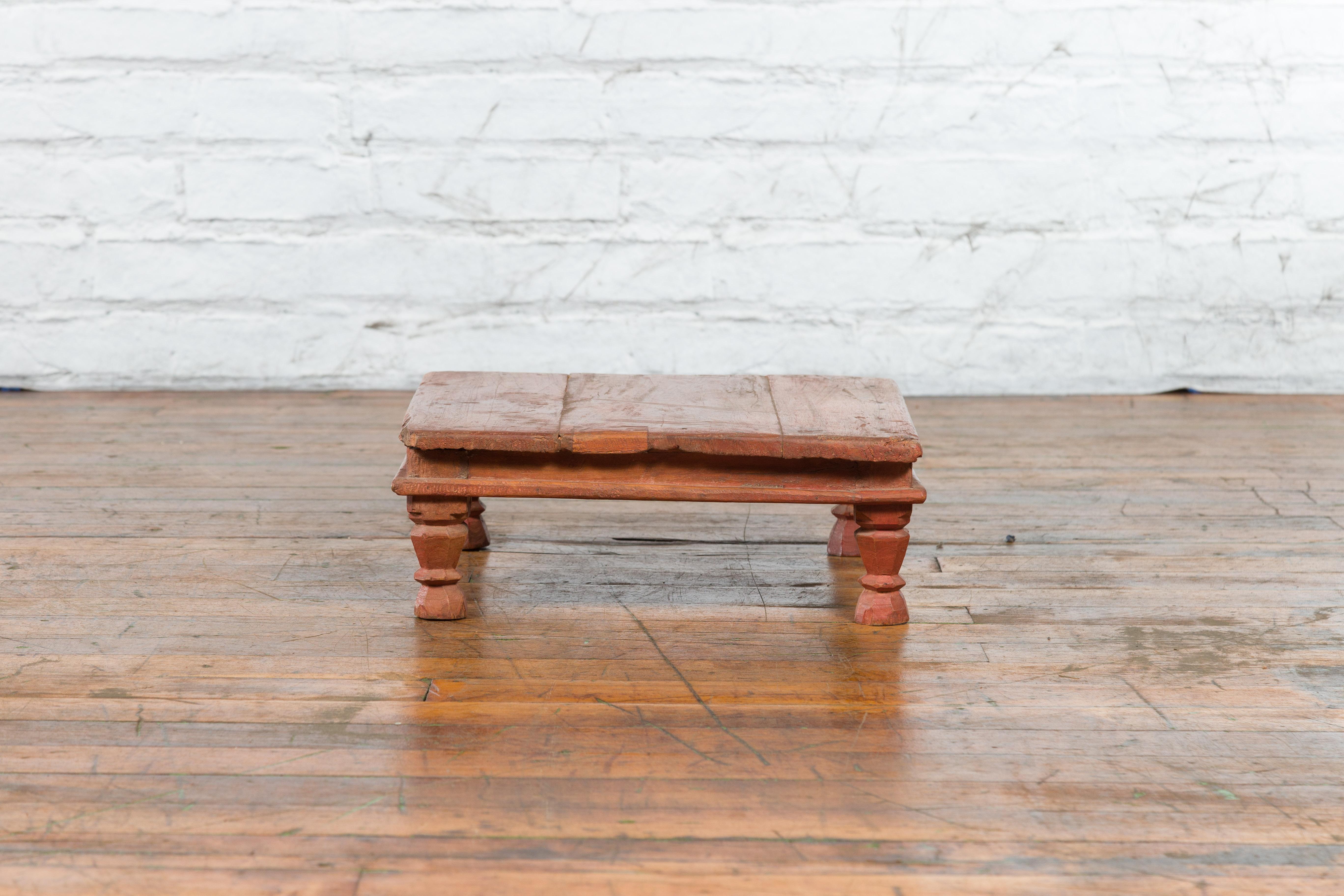 Antique Indian Low Wooden Prayer Table Stand with Carved Angular Legs For Sale 5