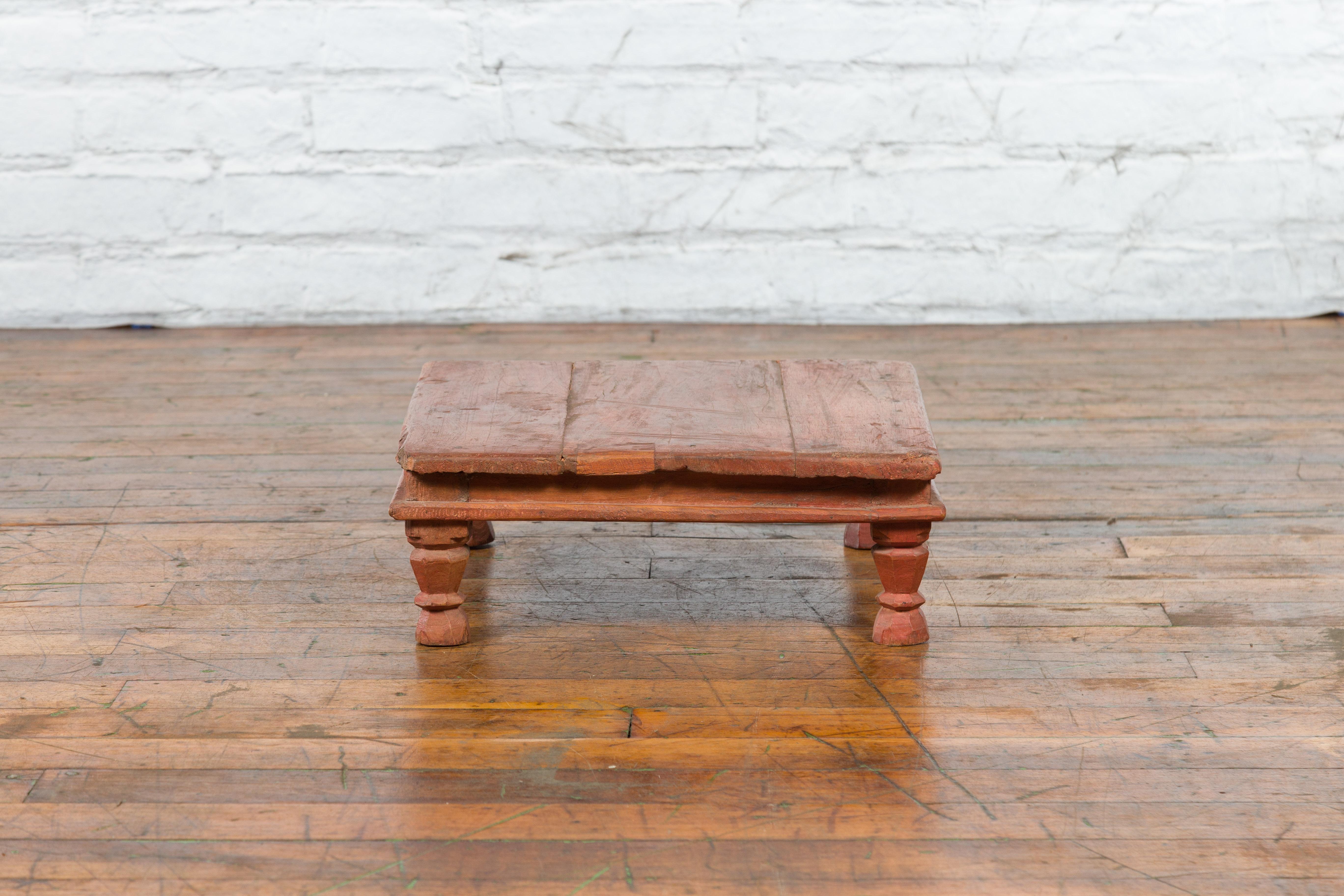 Antique Indian Low Wooden Prayer Table Stand with Carved Angular Legs In Good Condition For Sale In Yonkers, NY