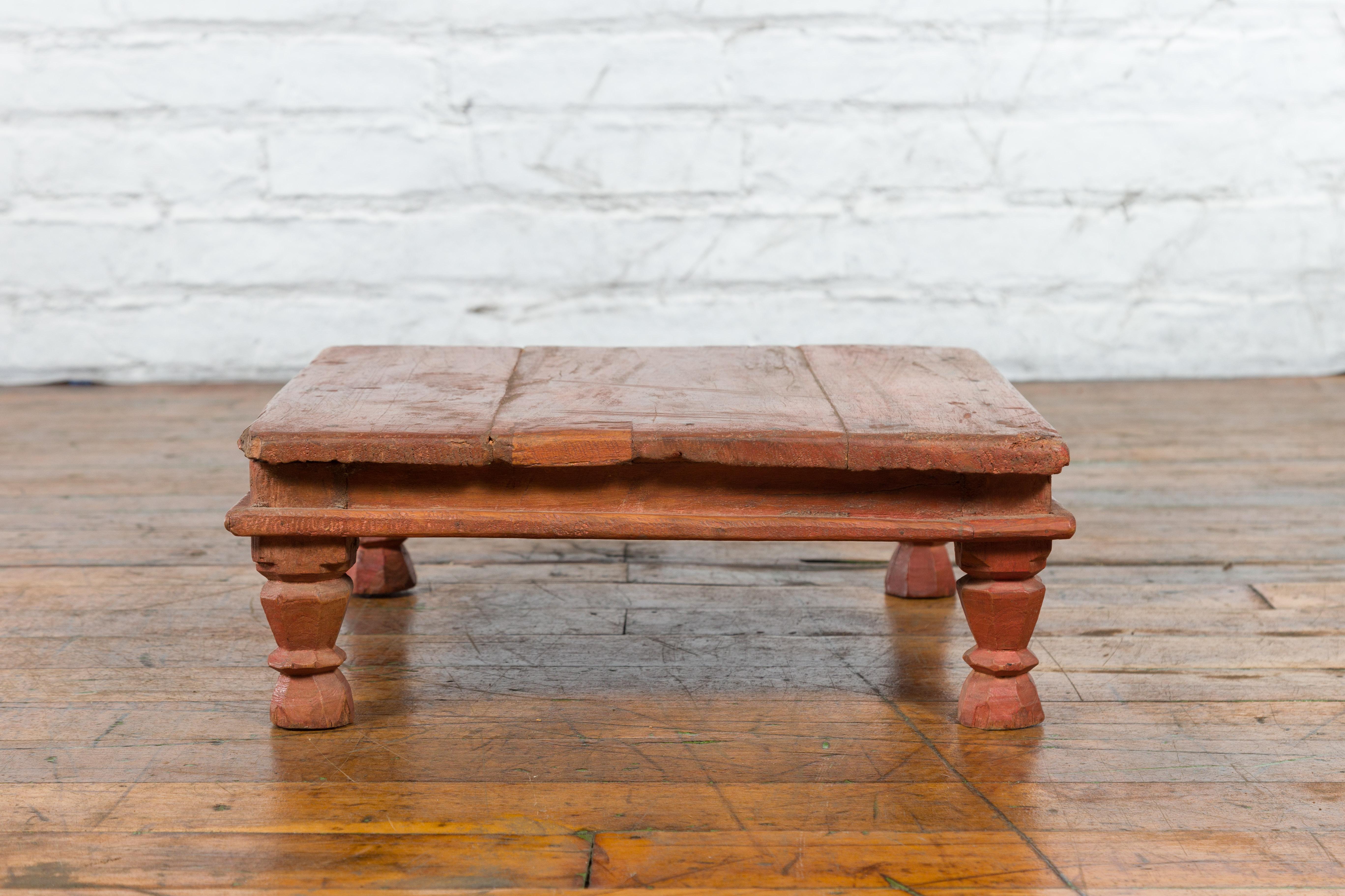 20th Century Antique Indian Low Wooden Prayer Table Stand with Carved Angular Legs For Sale