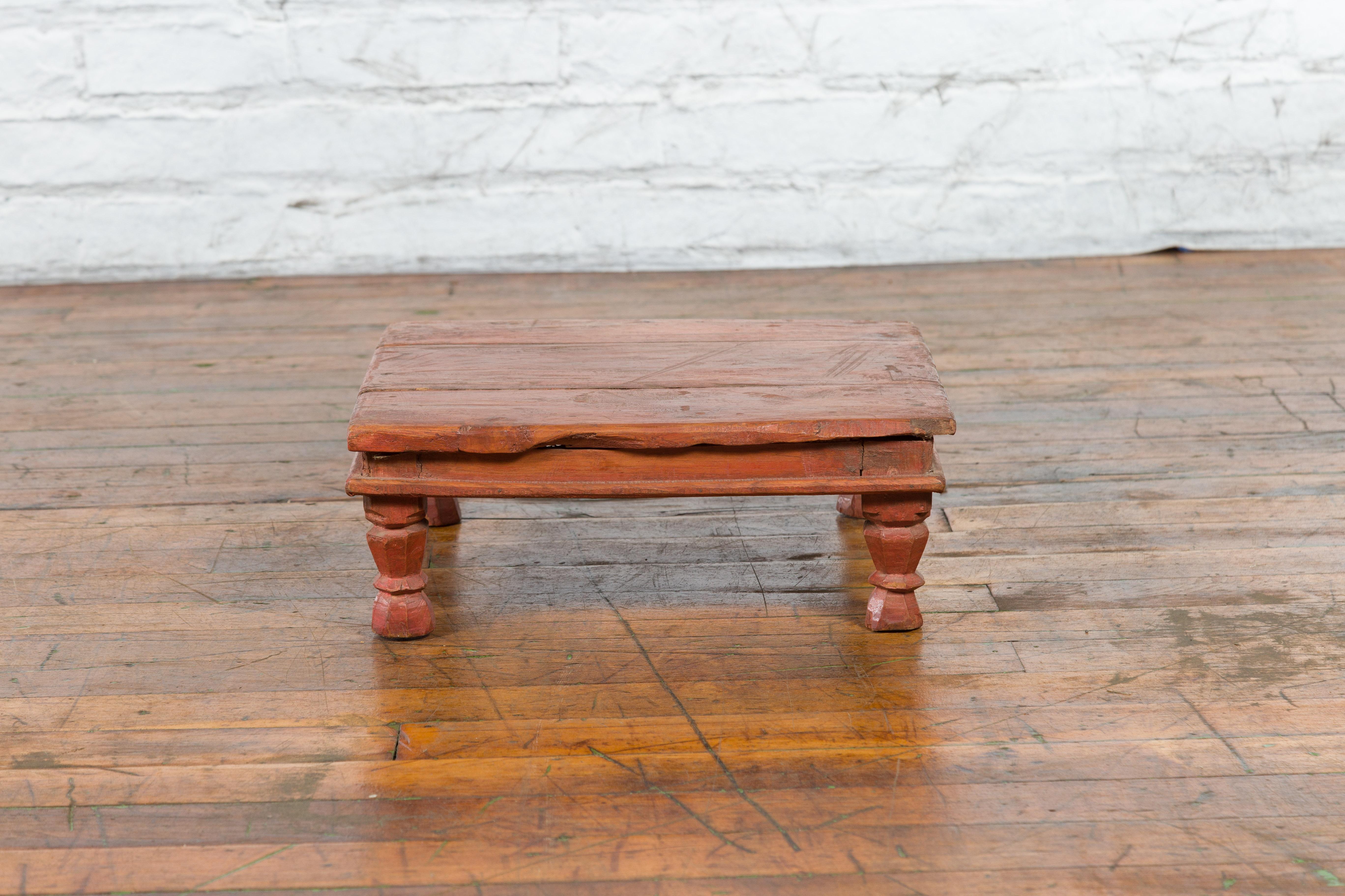 Antique Indian Low Wooden Prayer Table Stand with Carved Angular Legs For Sale 2