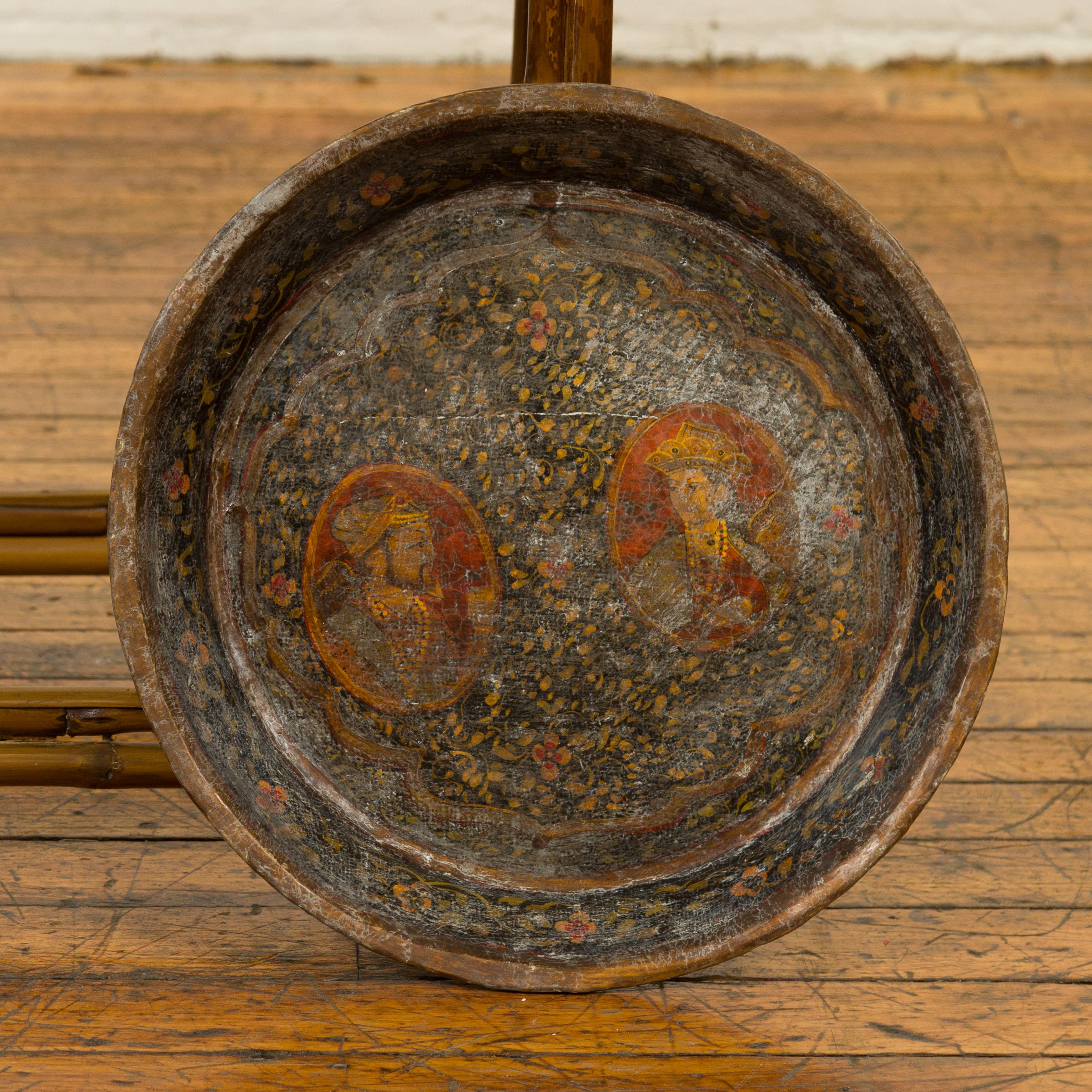 Antique Indian Market Tray with Mughal Inspired Hand Painted Decor 5