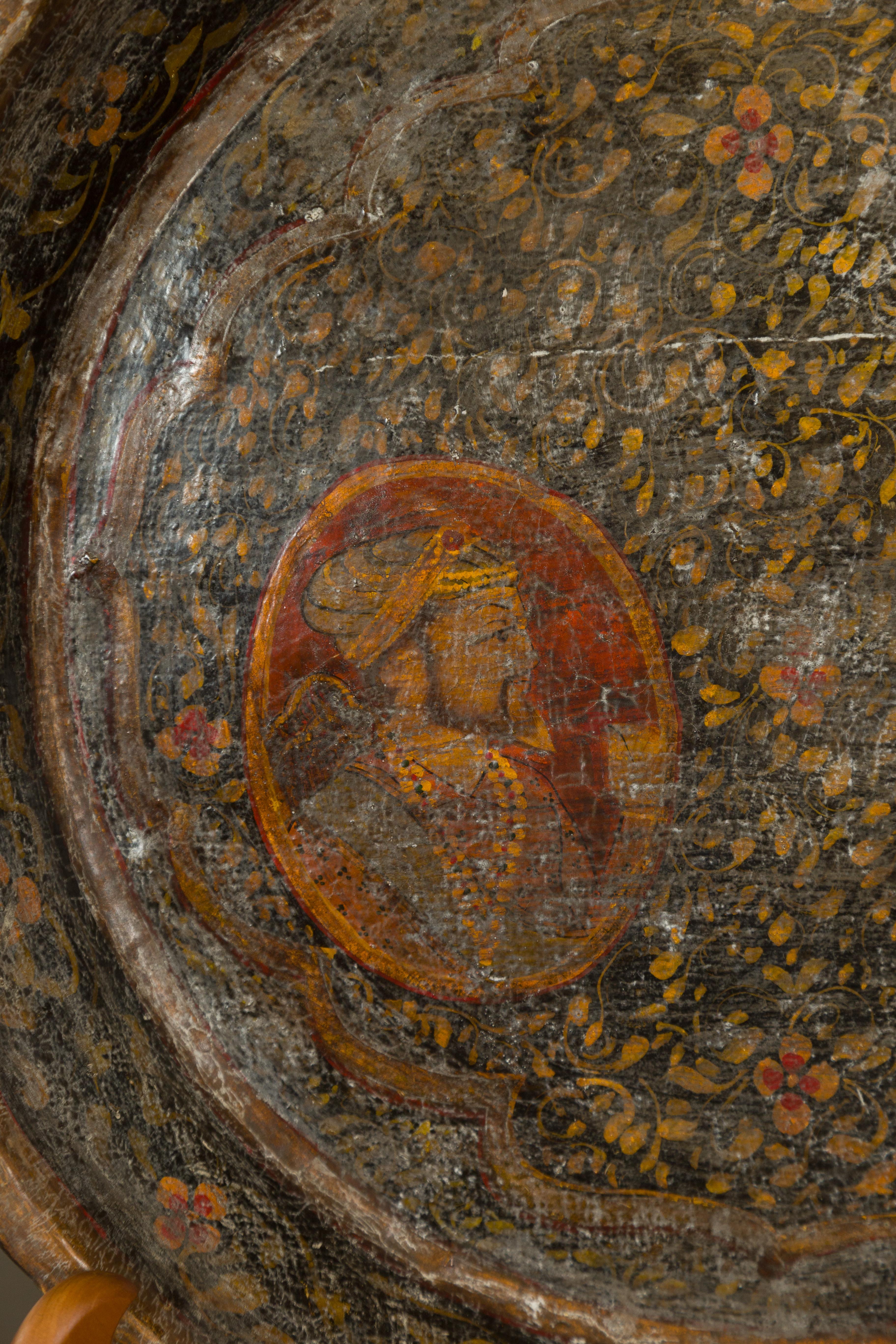 Antique Indian Market Tray with Mughal Inspired Hand Painted Decor In Good Condition In Yonkers, NY