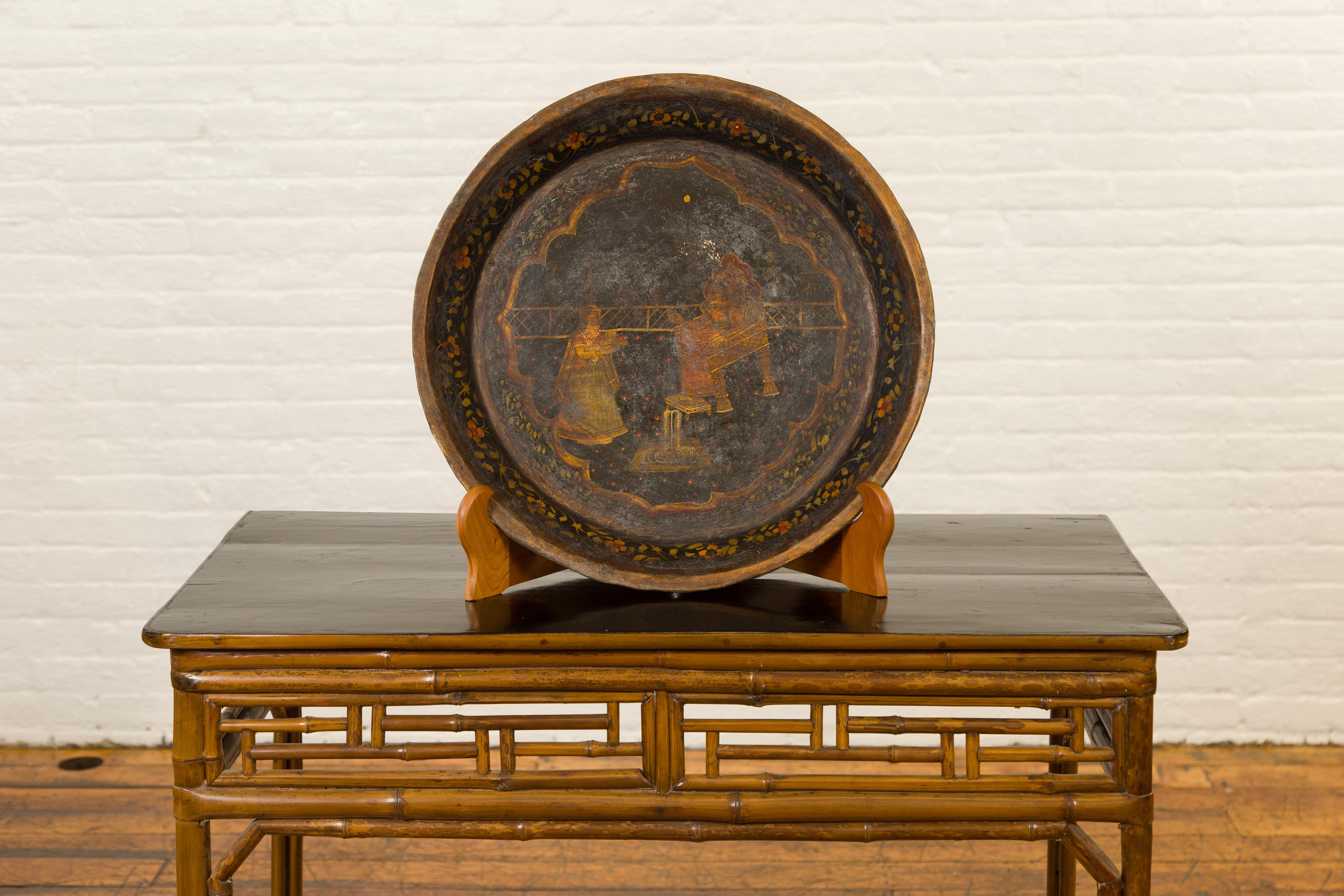19th Century Antique Indian Market Tray with Mughal Inspired Hand Painted Décor For Sale