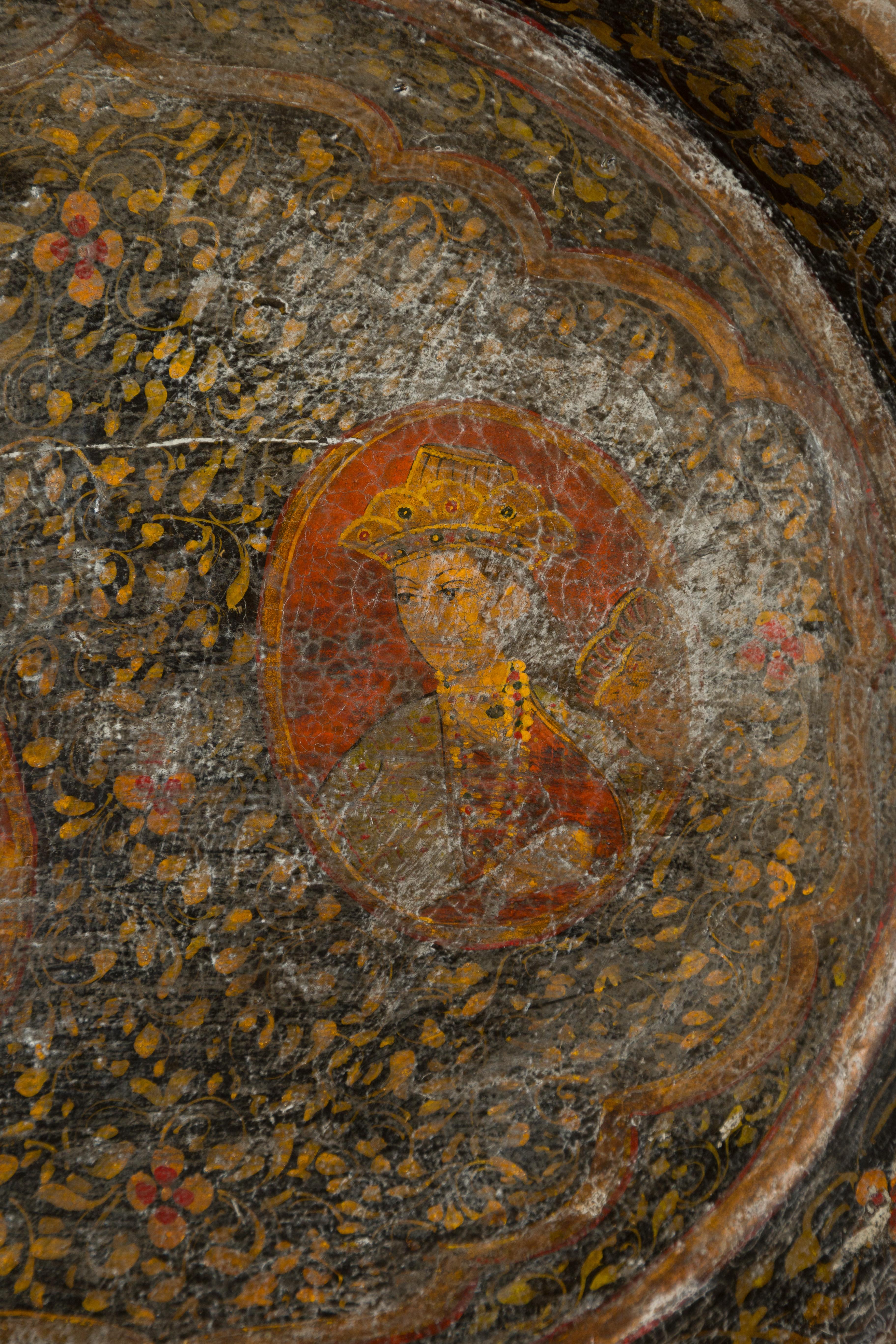 19th Century Antique Indian Market Tray with Mughal Inspired Hand Painted Decor