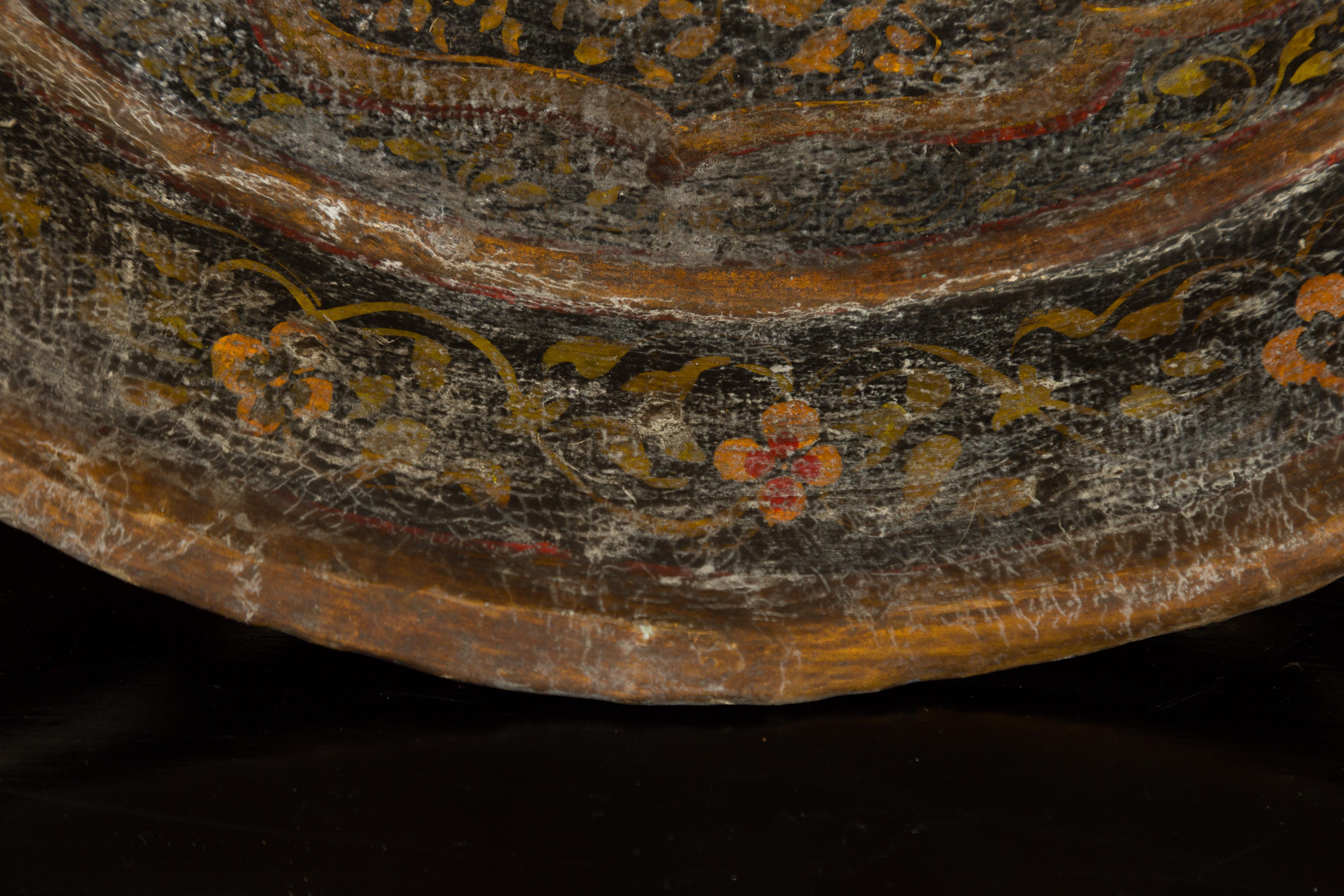 Wood Antique Indian Market Tray with Mughal Inspired Hand Painted Decor