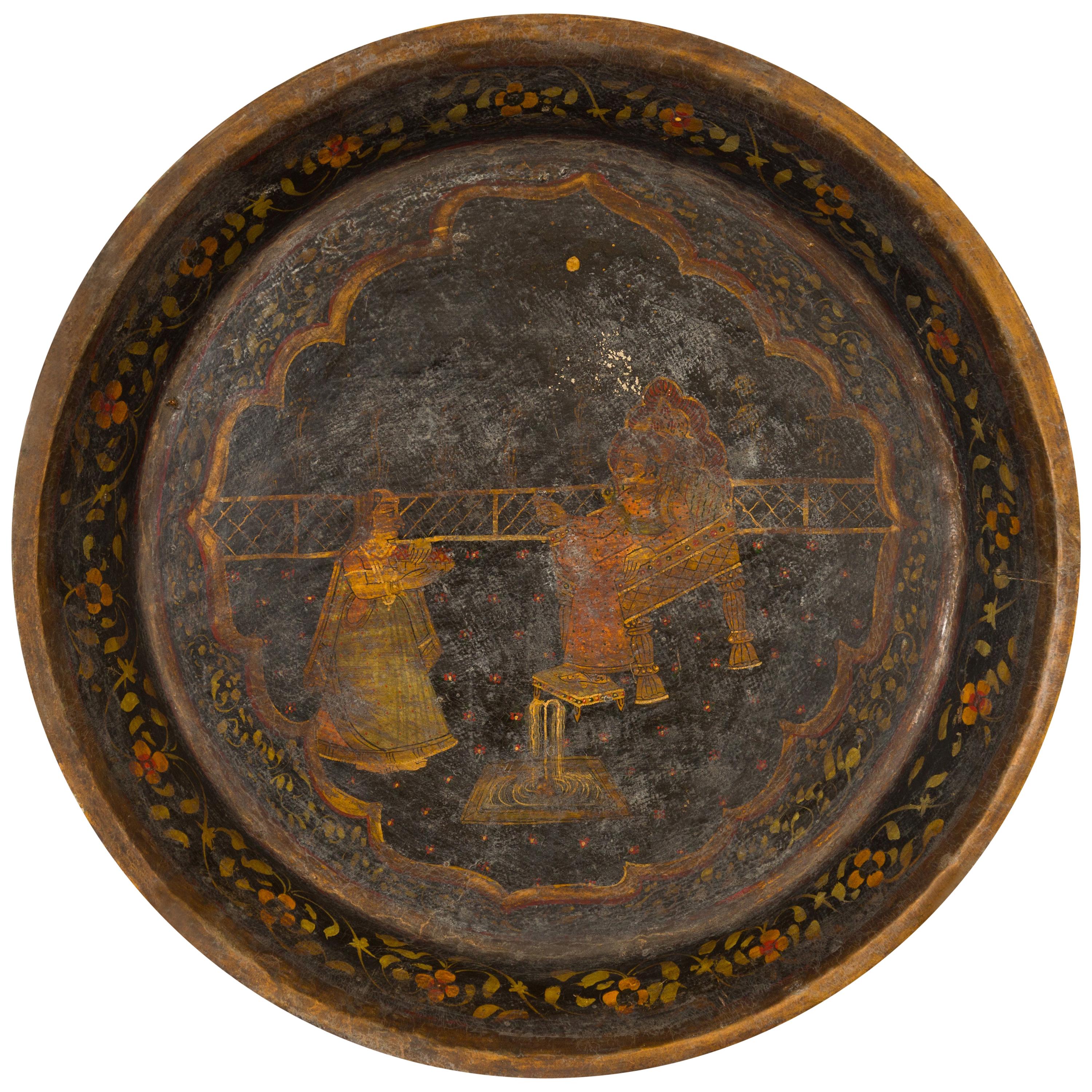 Antique Indian Market Tray with Mughal Inspired Hand Painted Décor