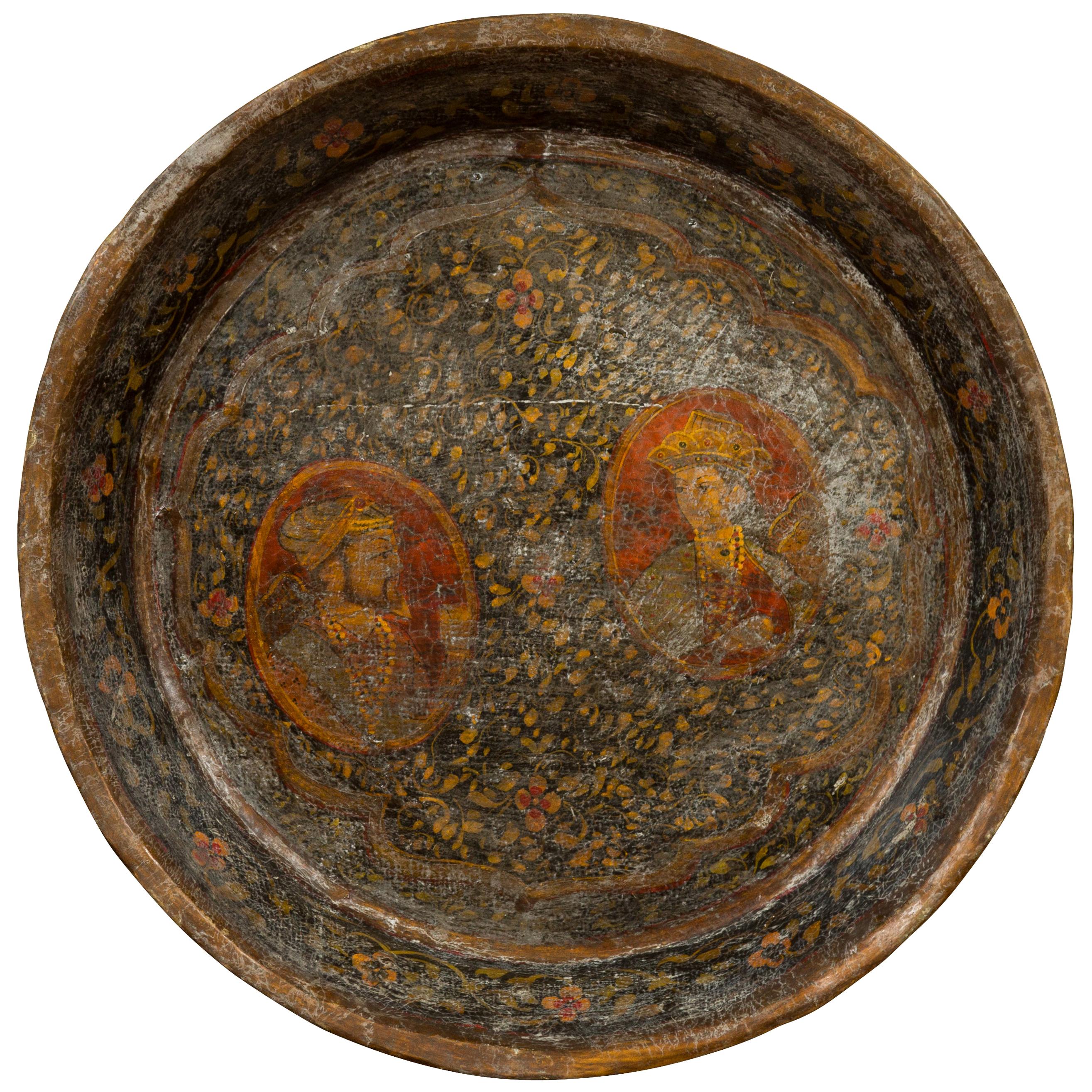 Antique Indian Market Tray with Mughal Inspired Hand Painted Decor