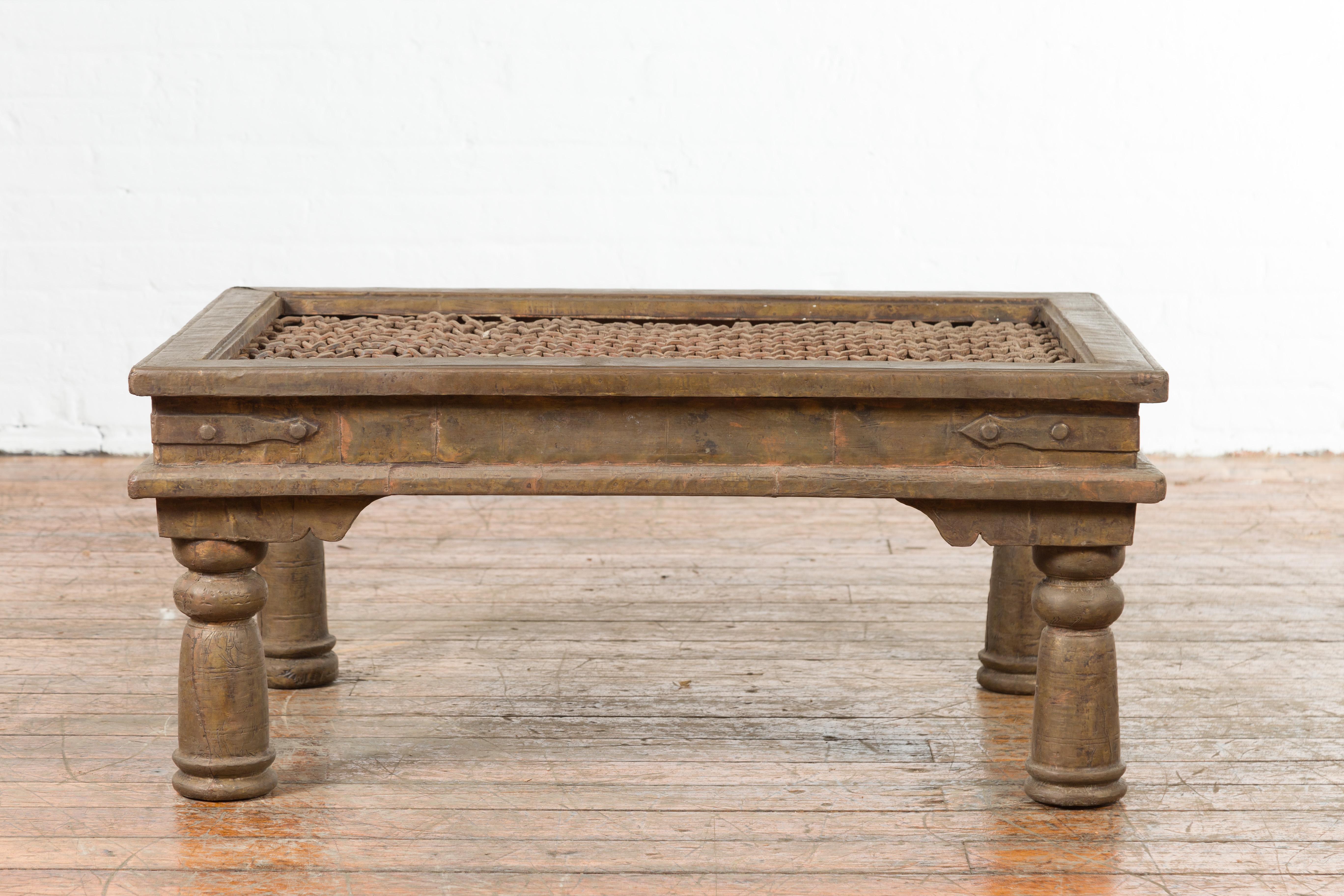 Antique Indian Metal Window Grill Made into Coffee Table with Baluster Legs For Sale 6