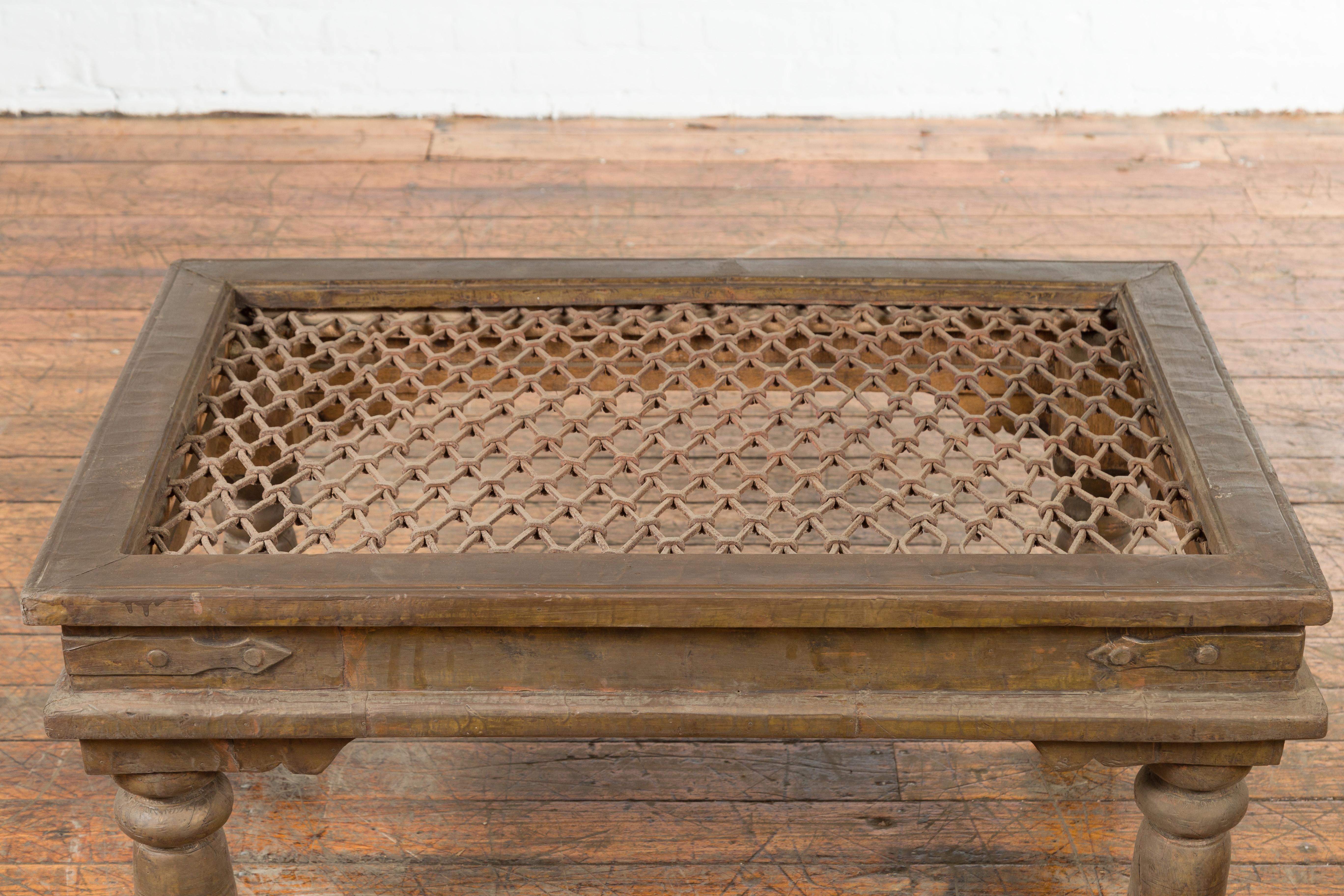 20th Century Antique Indian Metal Window Grill Made into Coffee Table with Baluster Legs For Sale