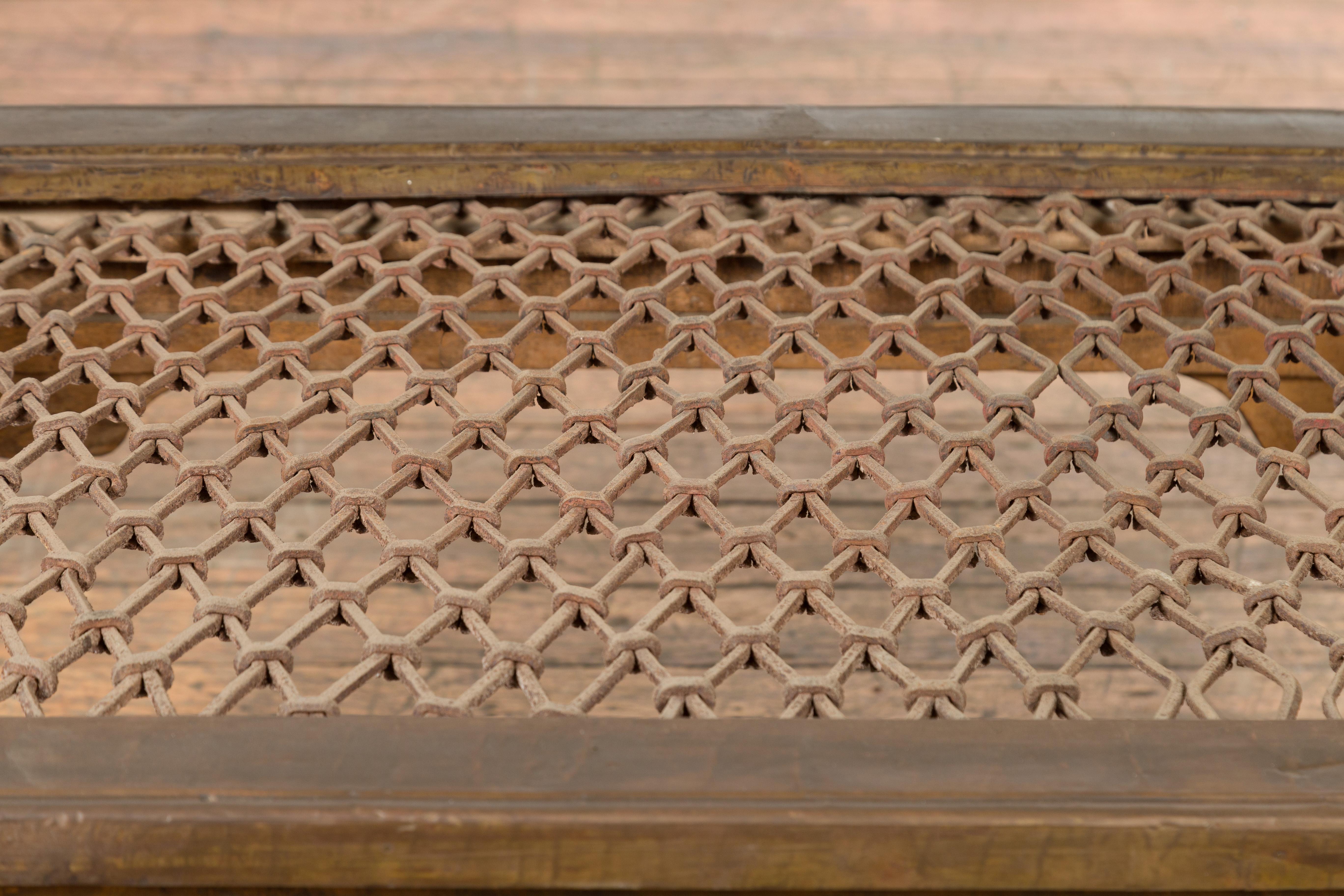 Antique Indian Metal Window Grill Made into Coffee Table with Baluster Legs For Sale 1