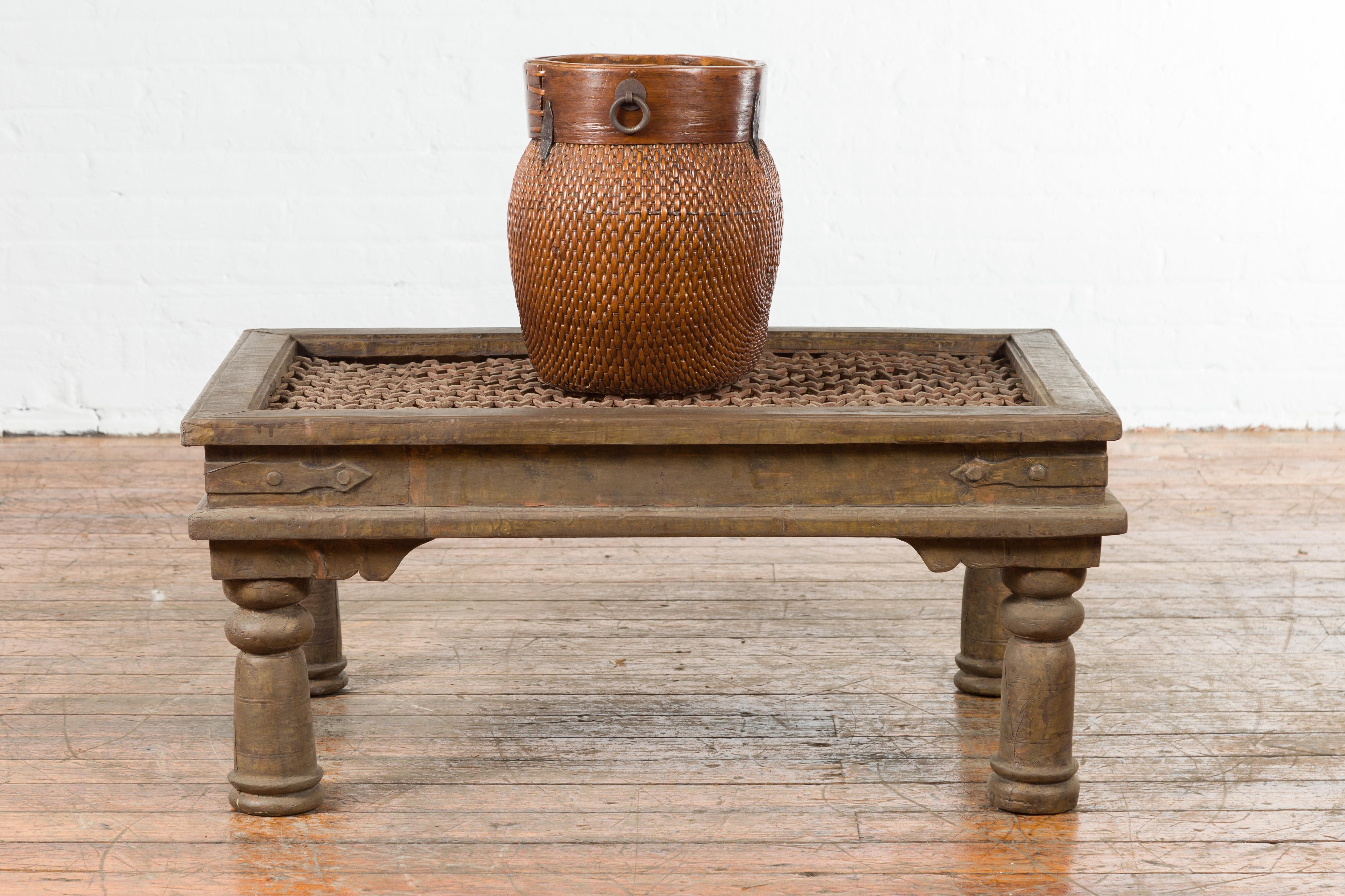 Antique Indian Metal Window Grill Made into Coffee Table with Baluster Legs For Sale 2