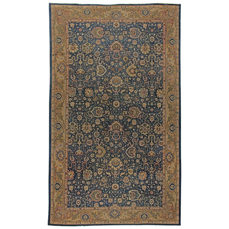 Antique Indian Midnight Blue and Beige Handwoven Wool Carpet For Sale