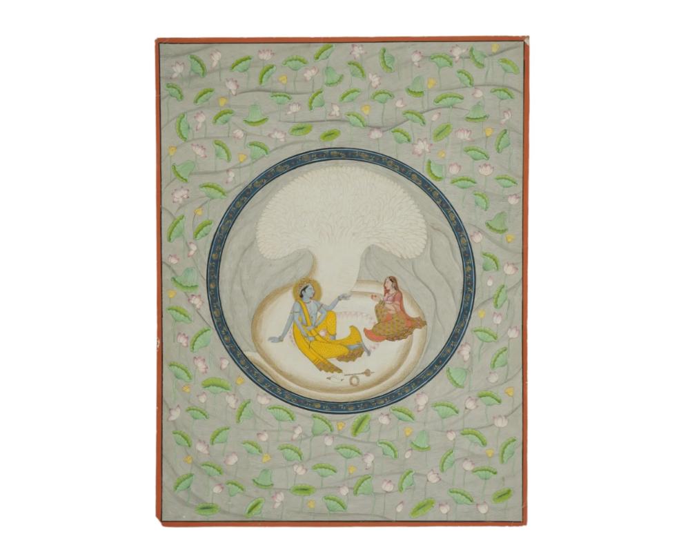 An antique Indian miniature painting, rendered in opaque pigments heightened with gold on paper, depicting Krishna seated with Radha. Framed within a circle-painted frame. The intricate details and vibrant colors of the painting showcase the skilled