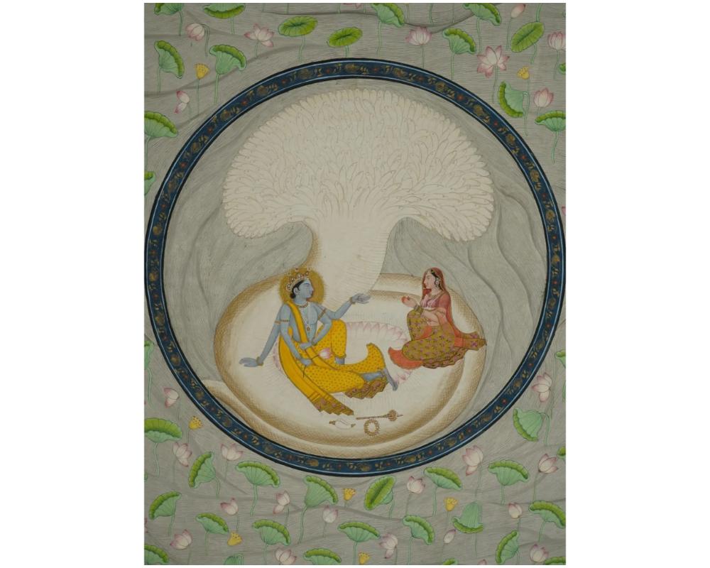Unknown Antique Indian Miniature Mughal Painting Krishna With Radha For Sale