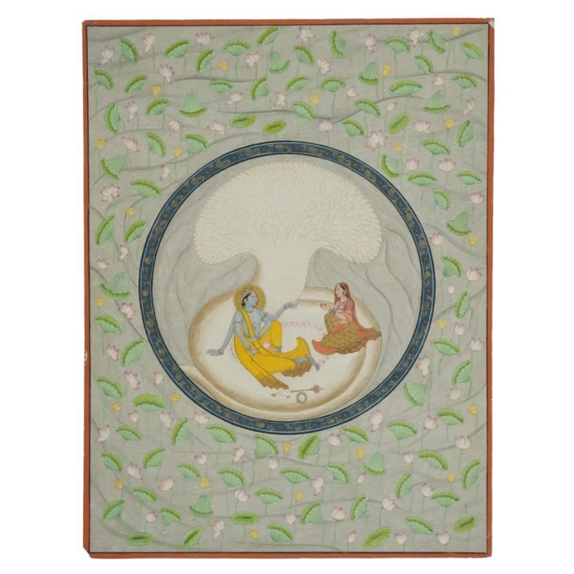 Antique Indian Miniature Mughal Painting Krishna With Radha For Sale