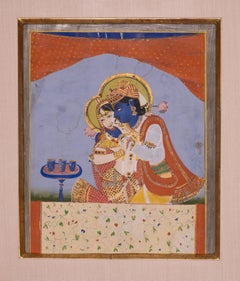 Antique Indian Miniature Painting of Lovers Krishna & Radha, Circa 19th Century