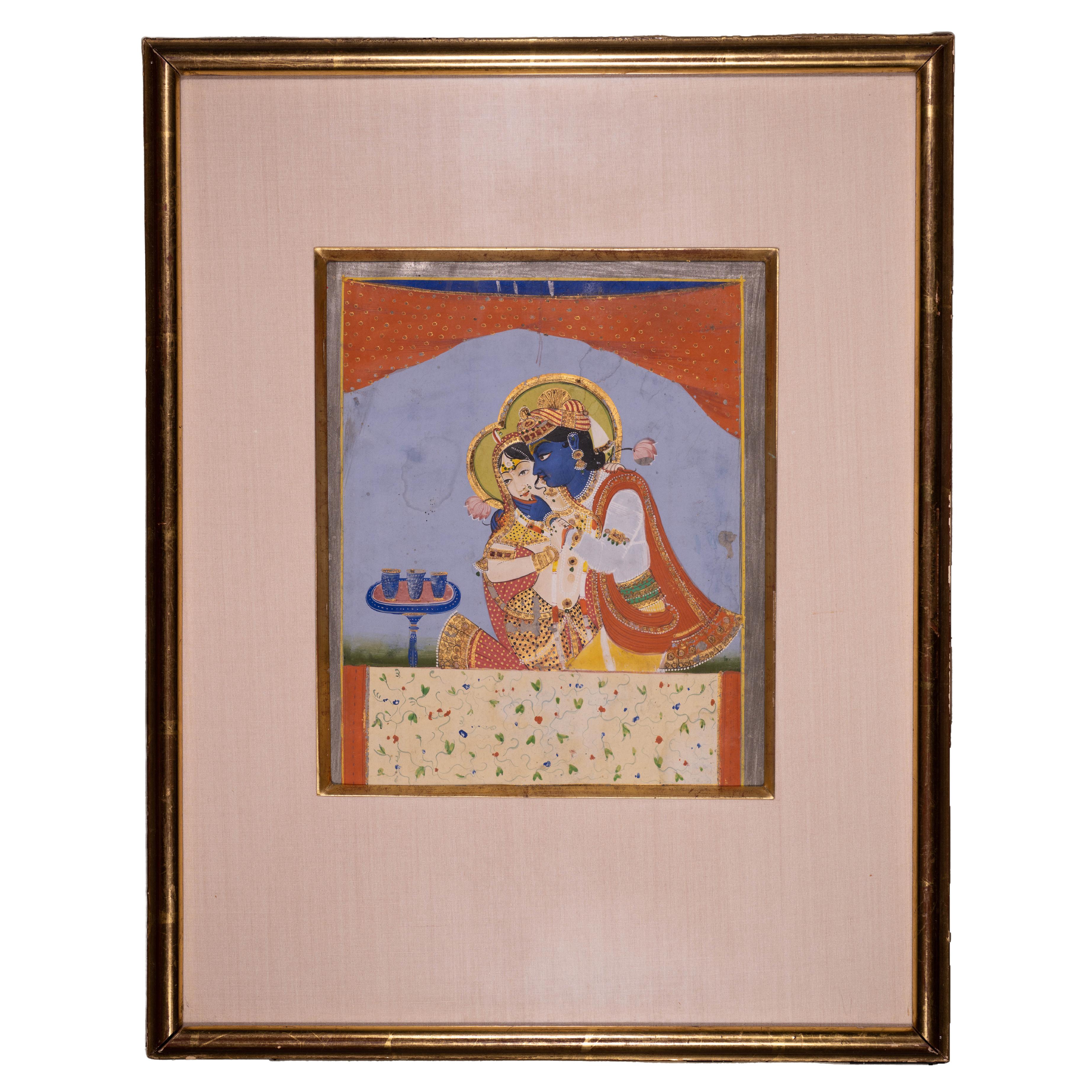 Antike indische Miniatur-Gemälde des Liebespaares Krishna & Radha, CIRCA 19.