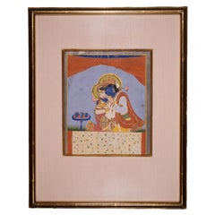 Antike indische Miniatur-Gemälde des Liebespaares Krishna & Radha, CIRCA 19.