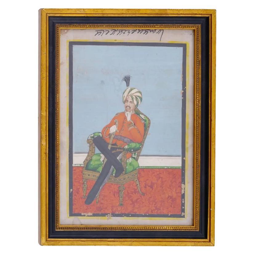 Ancienne peinture indienne miniature d'un sultan assis en vente