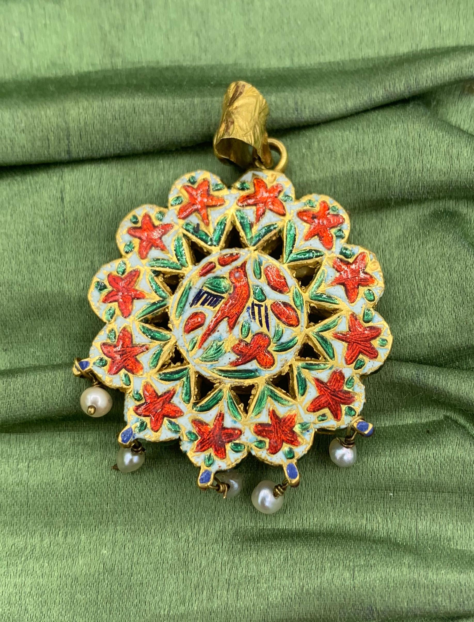 Art Deco Antique Indian Mughal 22 Karat Gold Topaz Pearl Necklace Enamel Bridal Wedding