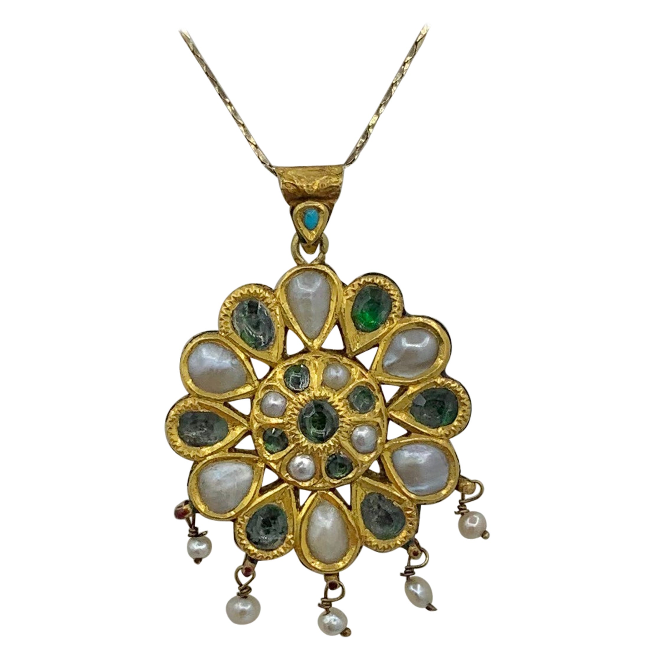 Antique Indian Mughal 22 Karat Gold Topaz Pearl Necklace Enamel Bridal Wedding