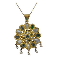 Antique Indian Mughal 22 Karat Gold Topaz Pearl Necklace Enamel Bridal Wedding