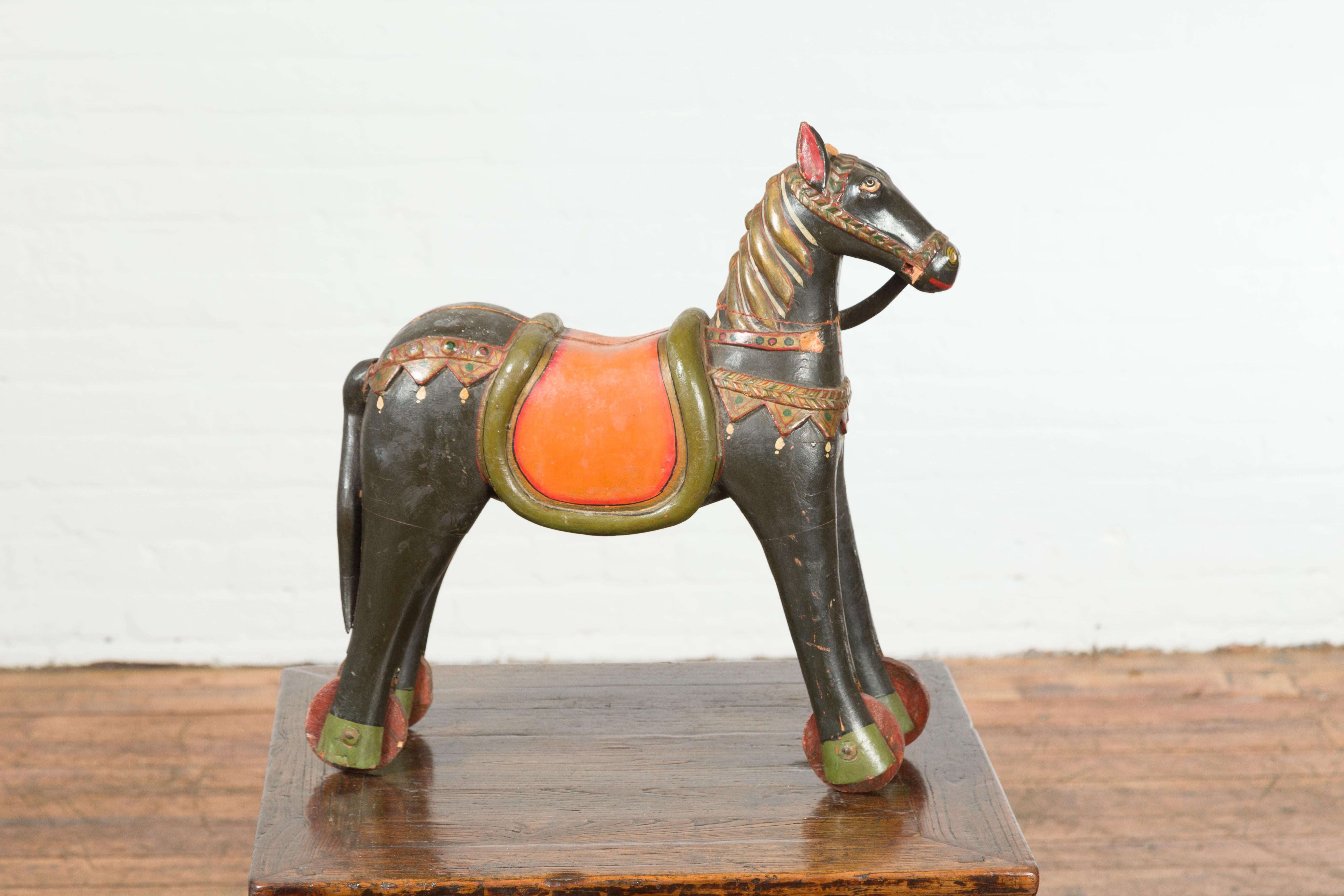 Antique Indian Mughal Horse on Wheels Sculpture with Polychrome Finish 6