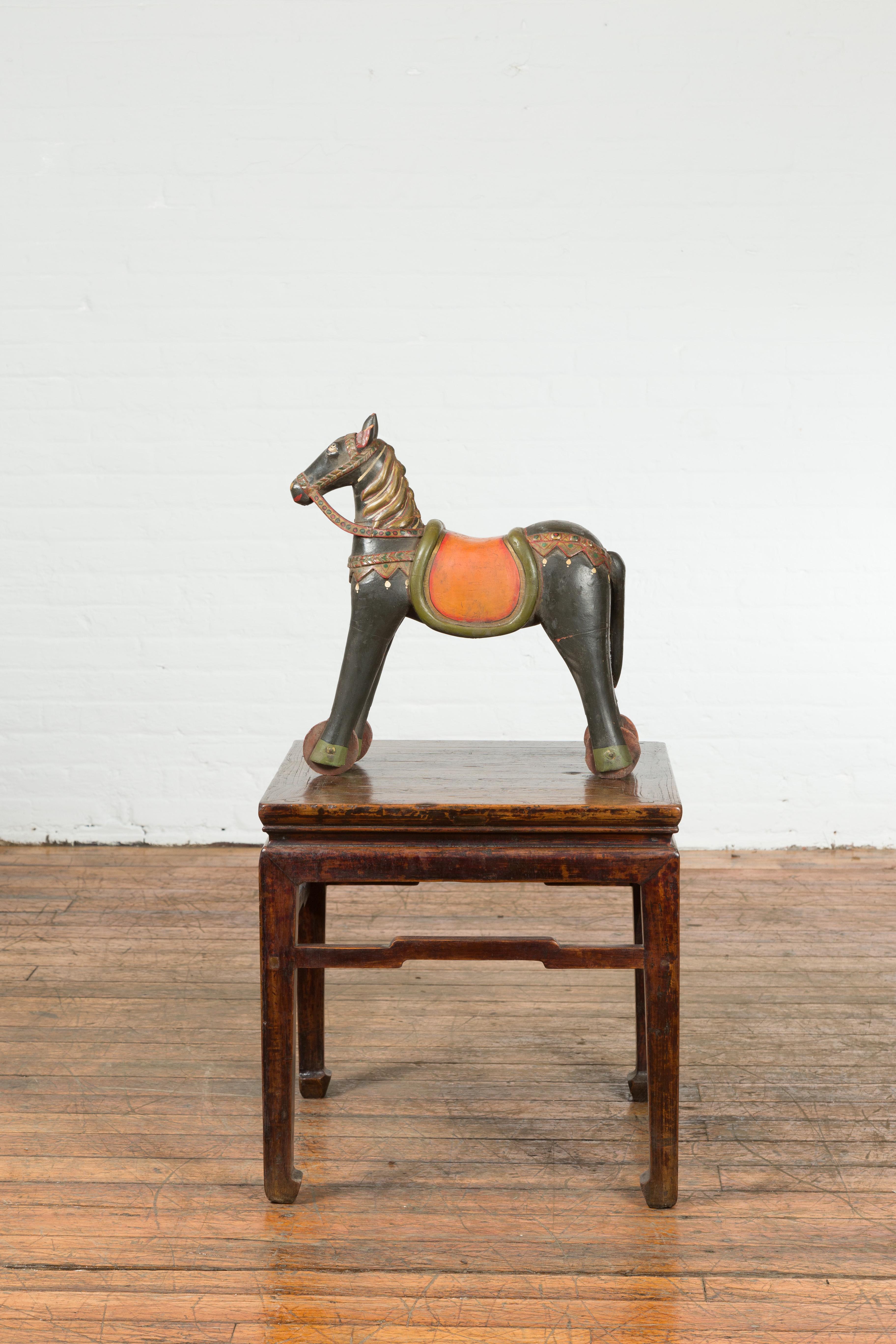Antique Indian Mughal Horse on Wheels Sculpture with Polychrome Finish In Good Condition In Yonkers, NY