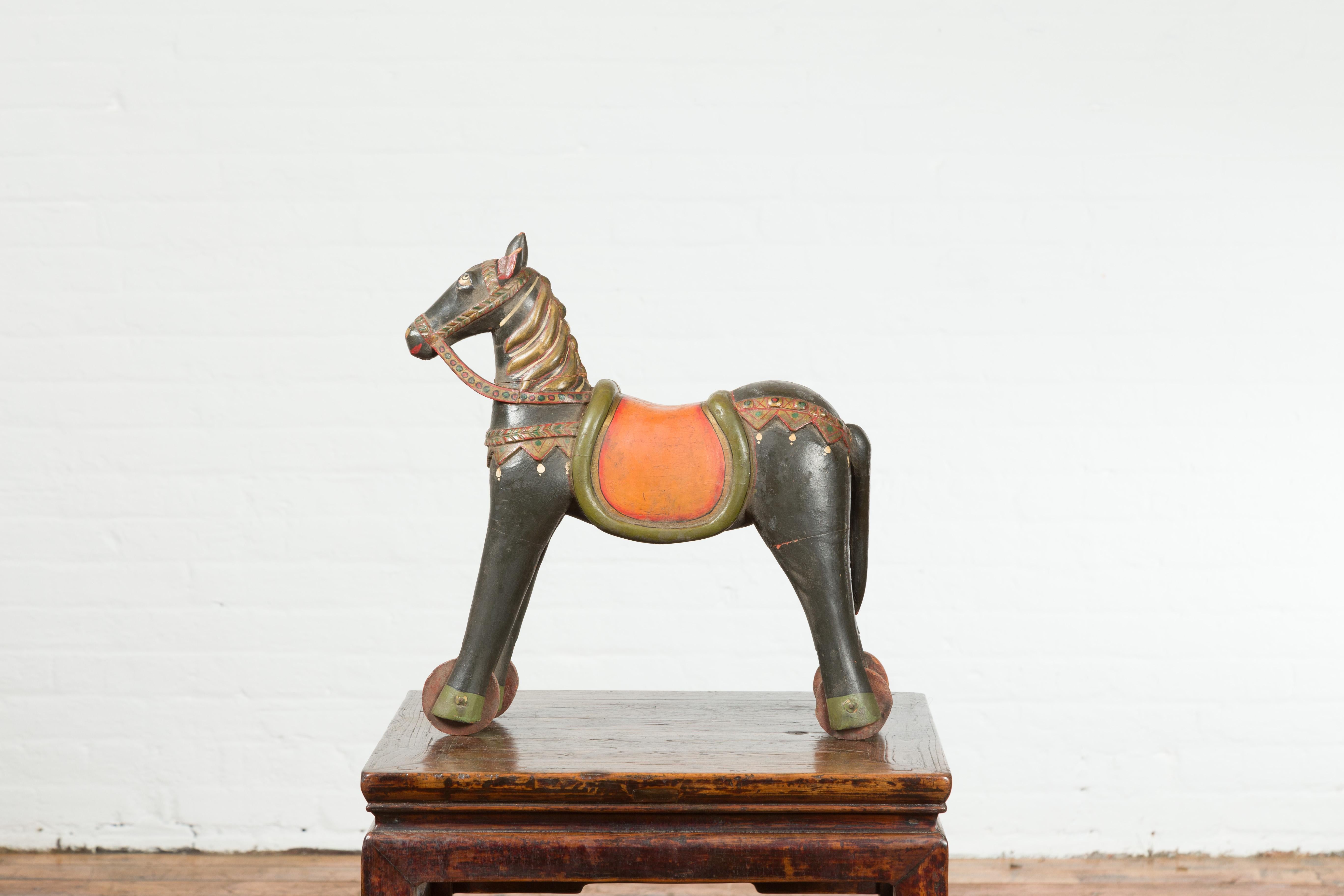 20th Century Antique Indian Mughal Horse on Wheels Sculpture with Polychrome Finish