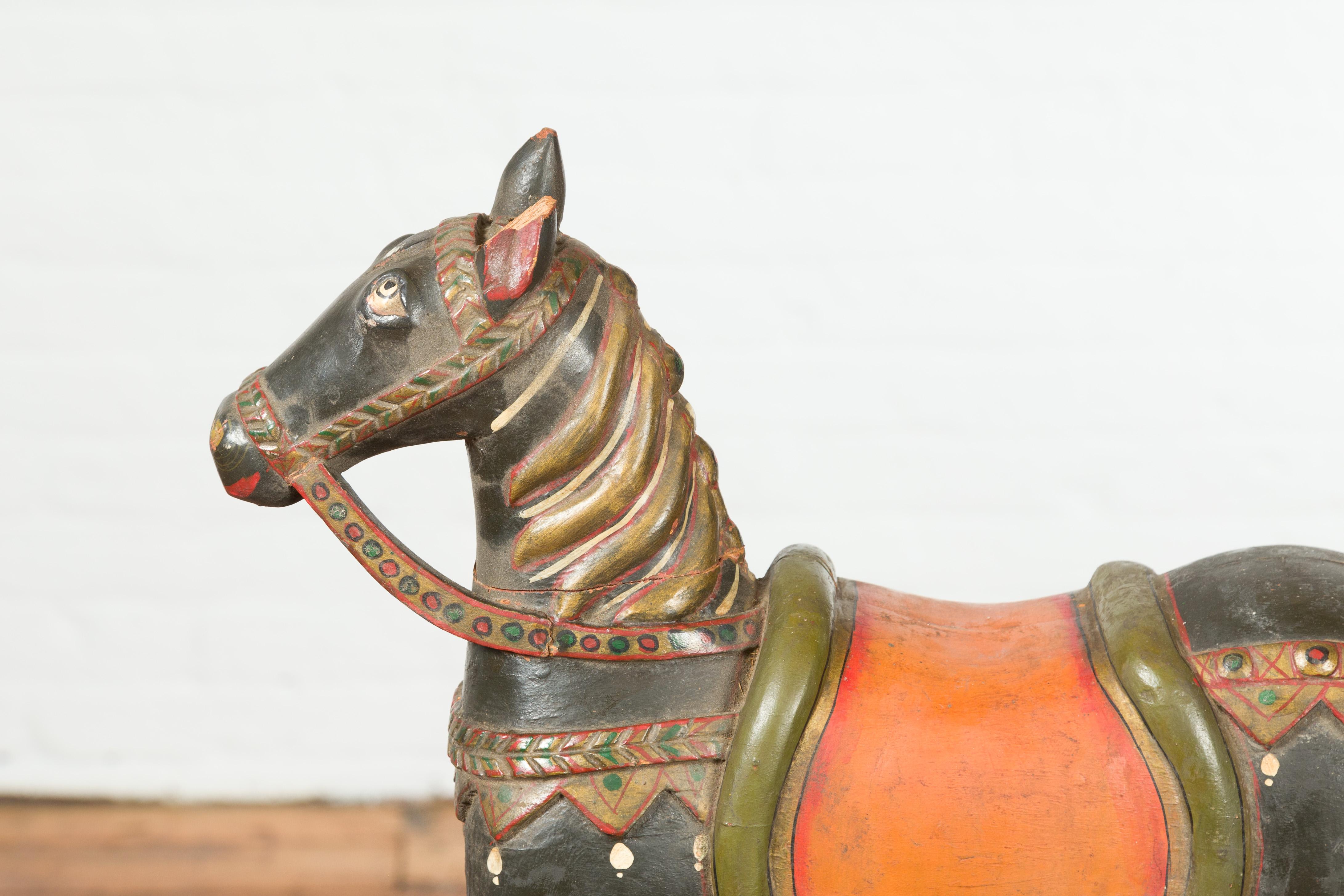 Ceramic Antique Indian Mughal Horse on Wheels Sculpture with Polychrome Finish