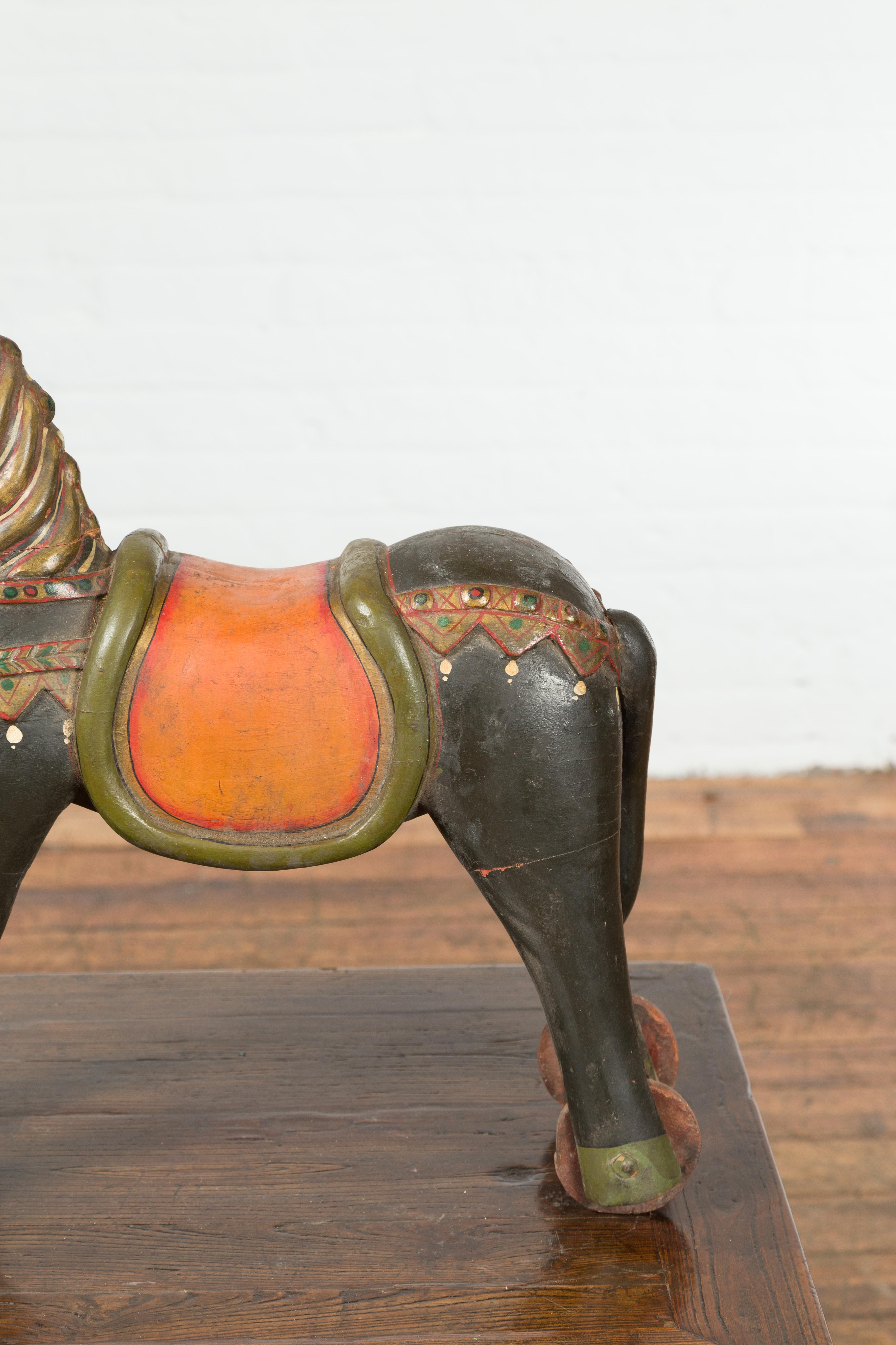 Antique Indian Mughal Horse on Wheels Sculpture with Polychrome Finish 2