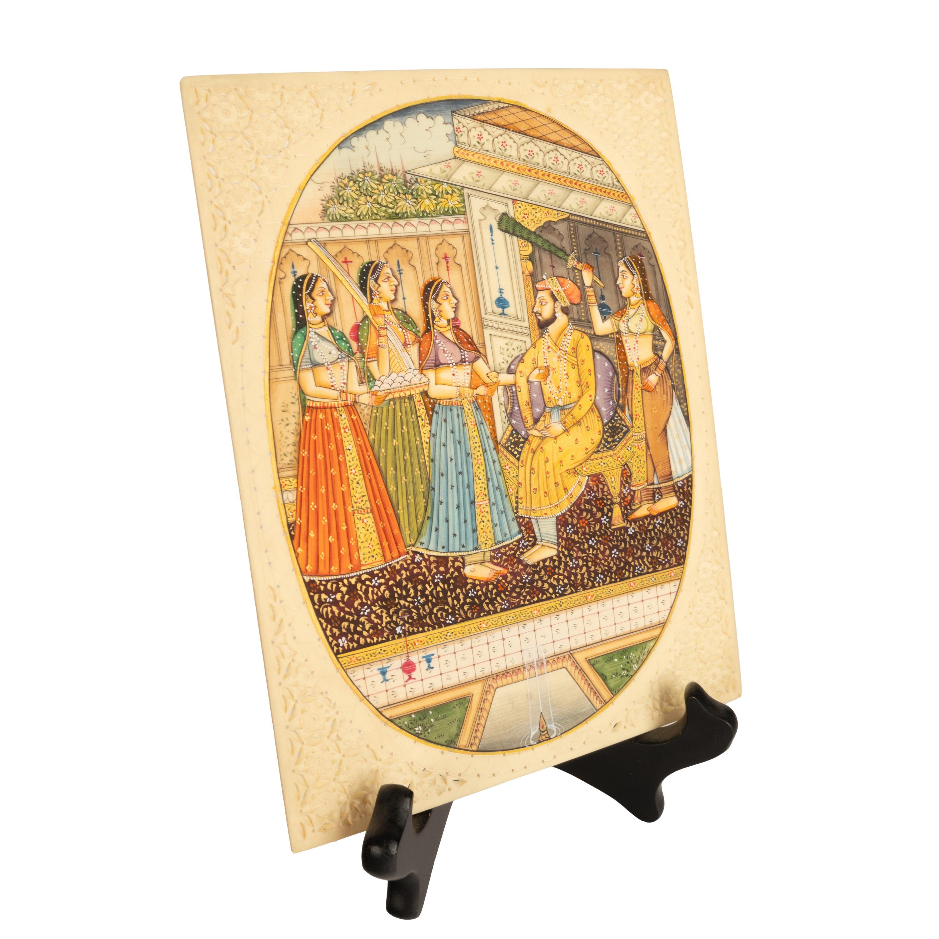 Islamic Antique Indian Mughal Miniature Royal Court Women Shah Watercolor Painting 1900 For Sale