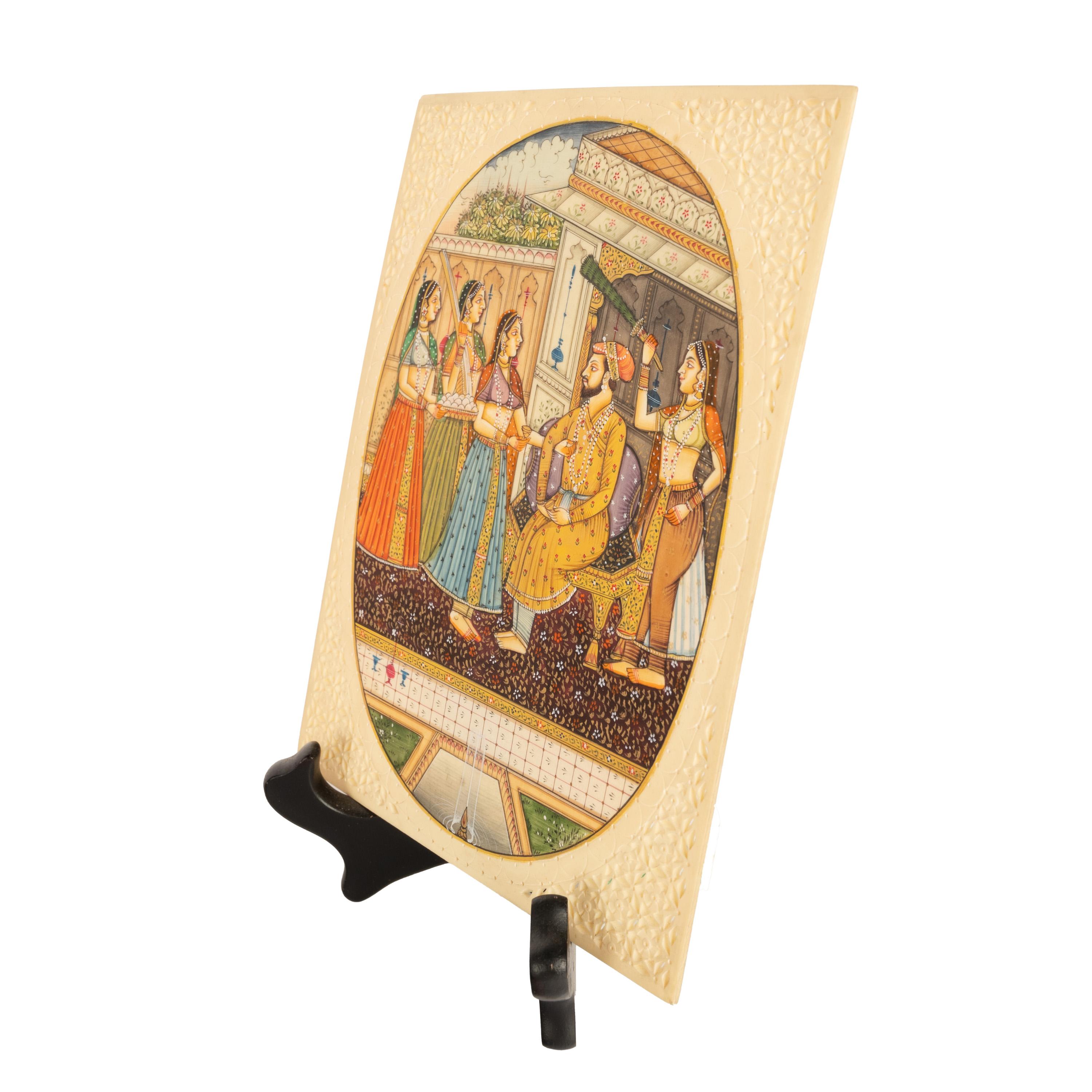 Hand-Painted Antique Indian Mughal Miniature Royal Court Women Shah Watercolor Painting 1900 For Sale