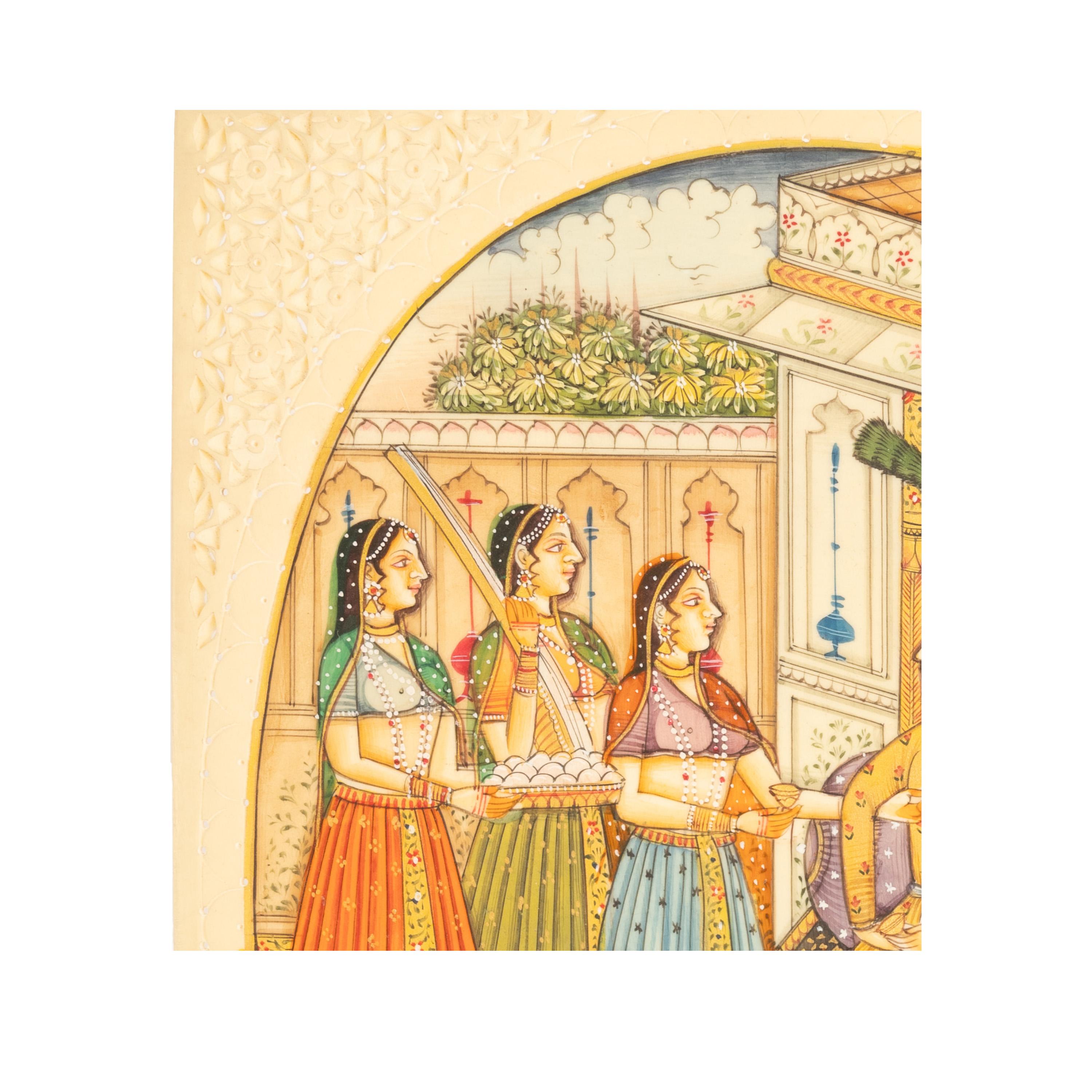 Antique Indian Mughal Miniature Royal Court Women Shah Watercolor Painting 1900 In Good Condition For Sale In Portland, OR