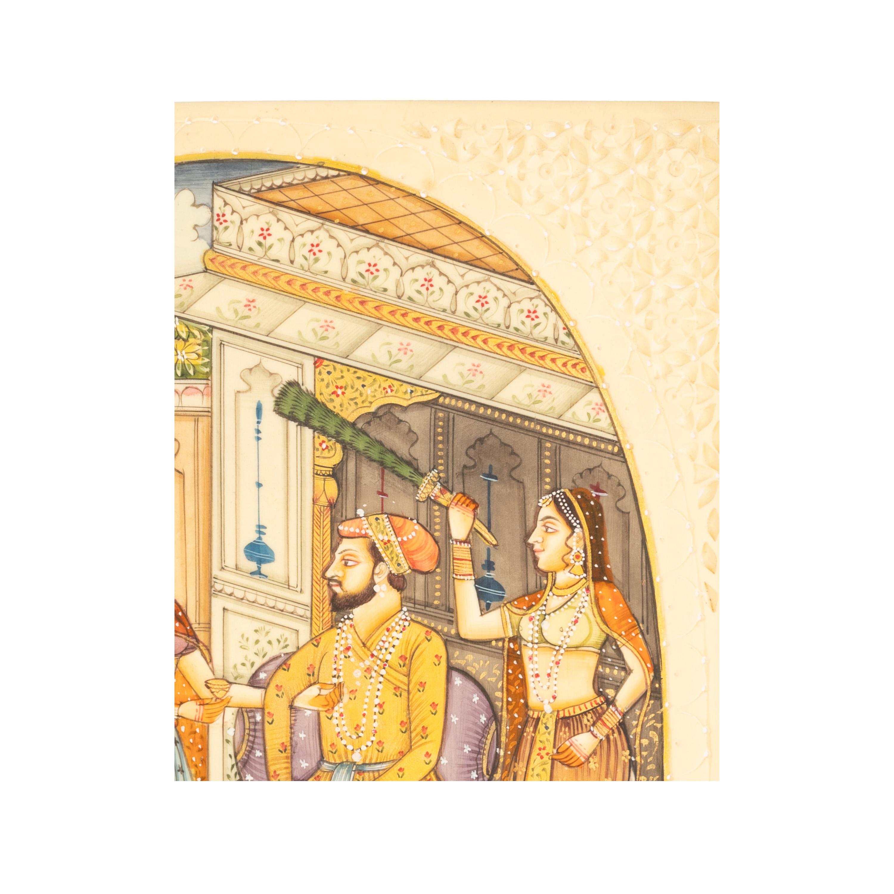 Early 20th Century Antique Indian Mughal Miniature Royal Court Women Shah Watercolor Painting 1900 For Sale