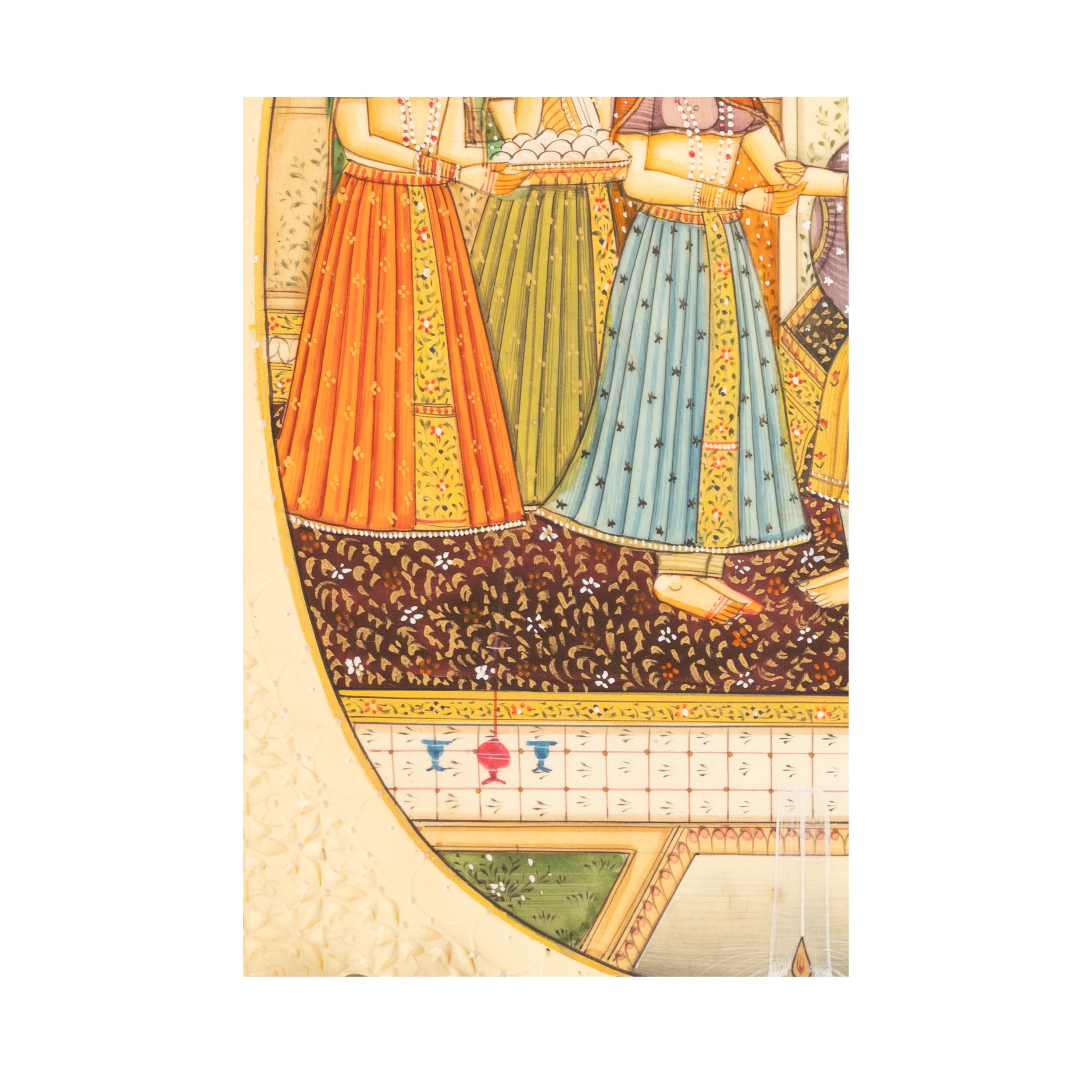 Bone Antique Indian Mughal Miniature Royal Court Women Shah Watercolor Painting 1900 For Sale