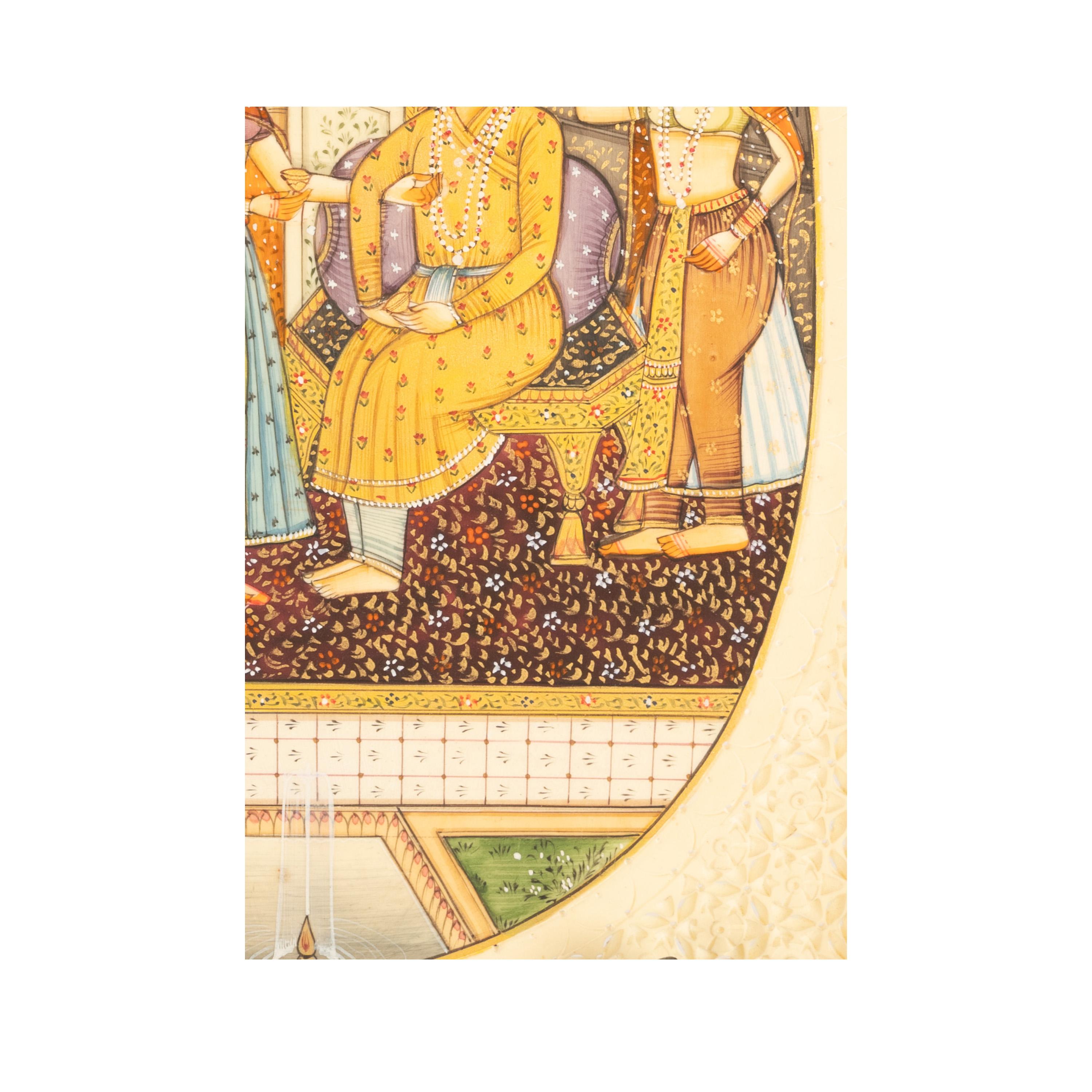 Antique Indian Mughal Miniature Royal Court Women Shah Watercolor Painting 1900 For Sale 1