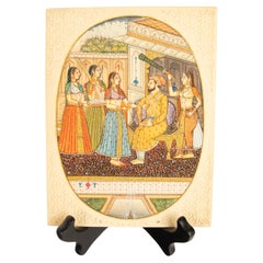 Antique Indian Mughal Miniature Royal Court Women Shah Watercolor Painting 1900