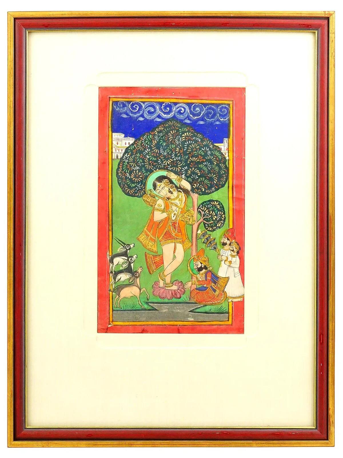 Eine antike indische Mughal Art Mischtechnik, Gouache und Blattgold, Miniaturmalerei. Das Kunstwerk stellt eine Hofszene mit Tieren und Dienern dar. Gerahmt. Sammelbare orientalisch-islamische Kunst und Dekoration, Mughal-Miniaturmalerei,