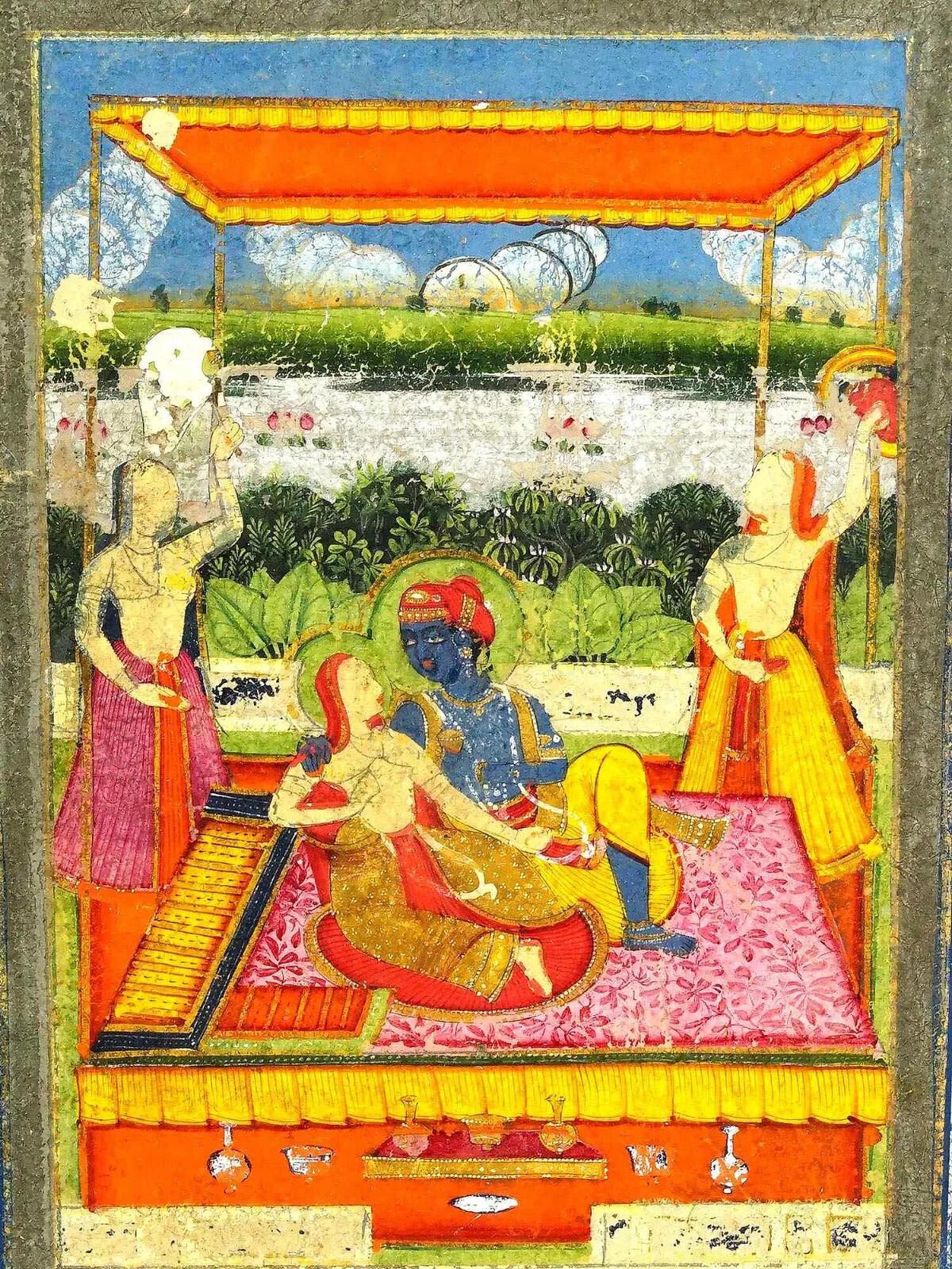 Eine antike indische Mughal Art Jaipur Schule gemischte Medien, Gouache und Blattgold, Miniaturmalerei. Das Kunstwerk stellt eine Szene mit Krishna und den Gopis in einem Garten dar. Gerahmt. Sammelbare orientalisch-islamische Kunst und Dekoration,