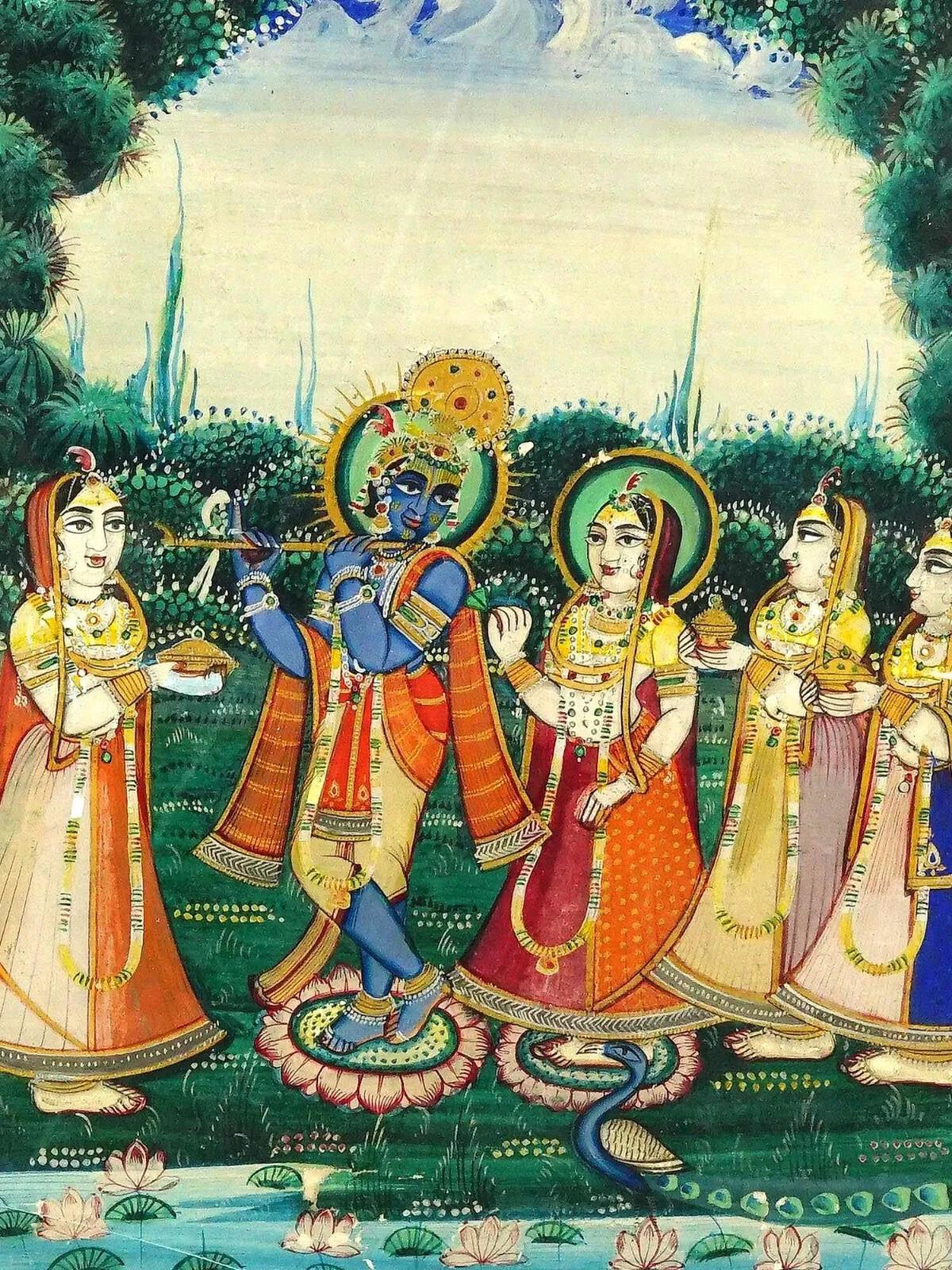 Eine antike indische Mughal Art Mischtechnik, Gouache und Blattgold, Miniaturmalerei. Das Kunstwerk stellt eine Szene mit Krishna und den Gopis dar, die in einem Garten Geschenke tragen. Gerahmt. Sammelbare orientalisch-islamische Kunst und