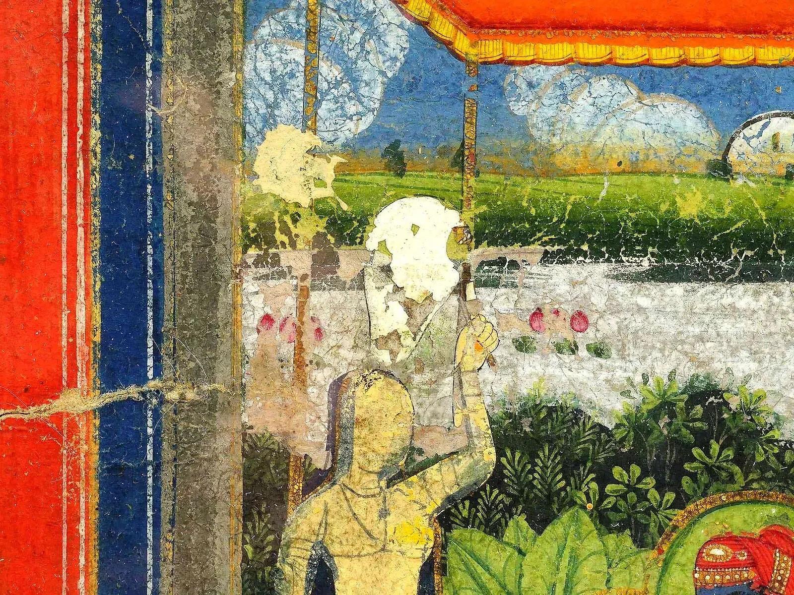 Antike indische Mughal Mixed Media Miniatur-Gemälde im Zustand „Gut“ im Angebot in Queens, NY