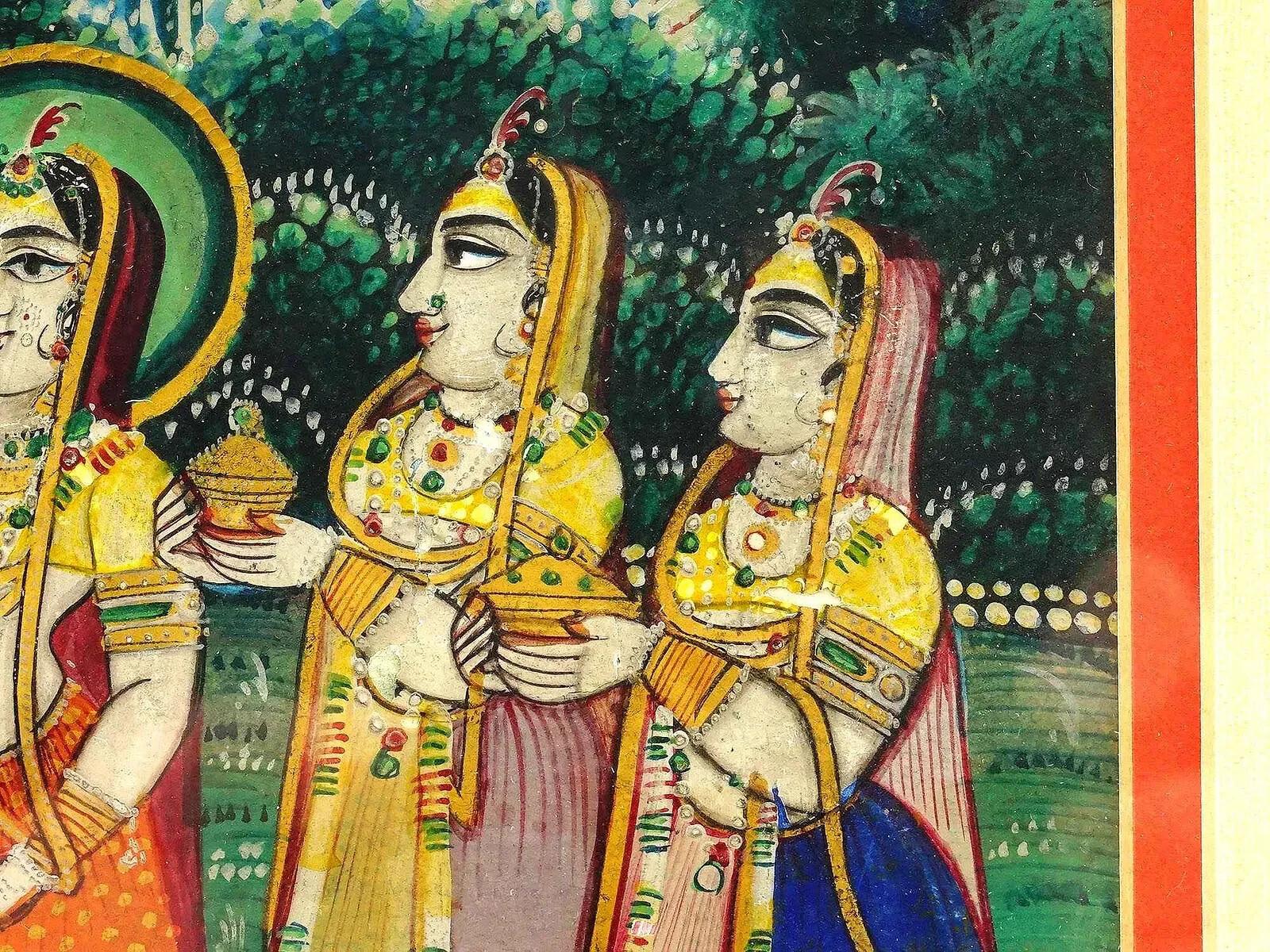 Antike indische Mughal Mixed Media Miniatur-Gemälde im Zustand „Gut“ im Angebot in Queens, NY